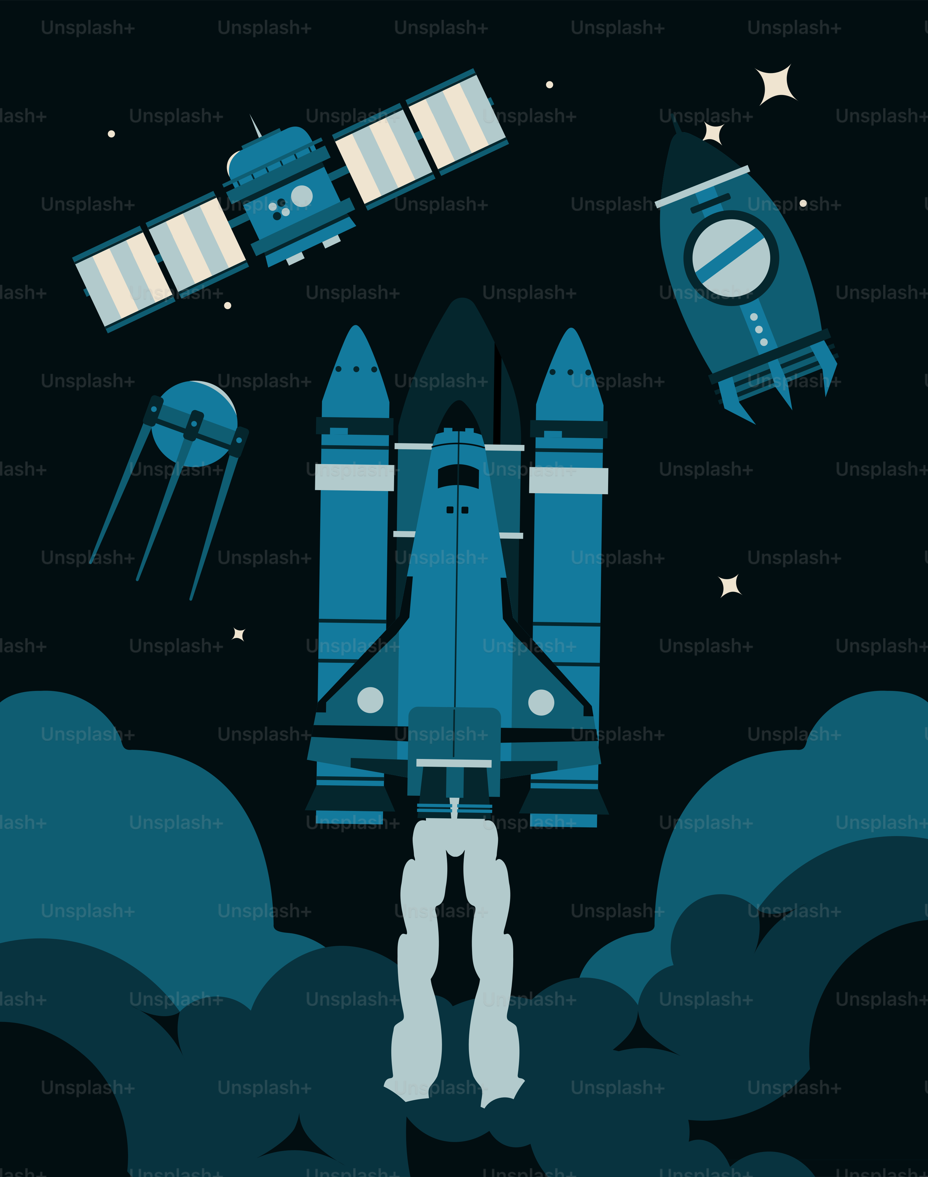 A poster of a space shuttle flying through the sky