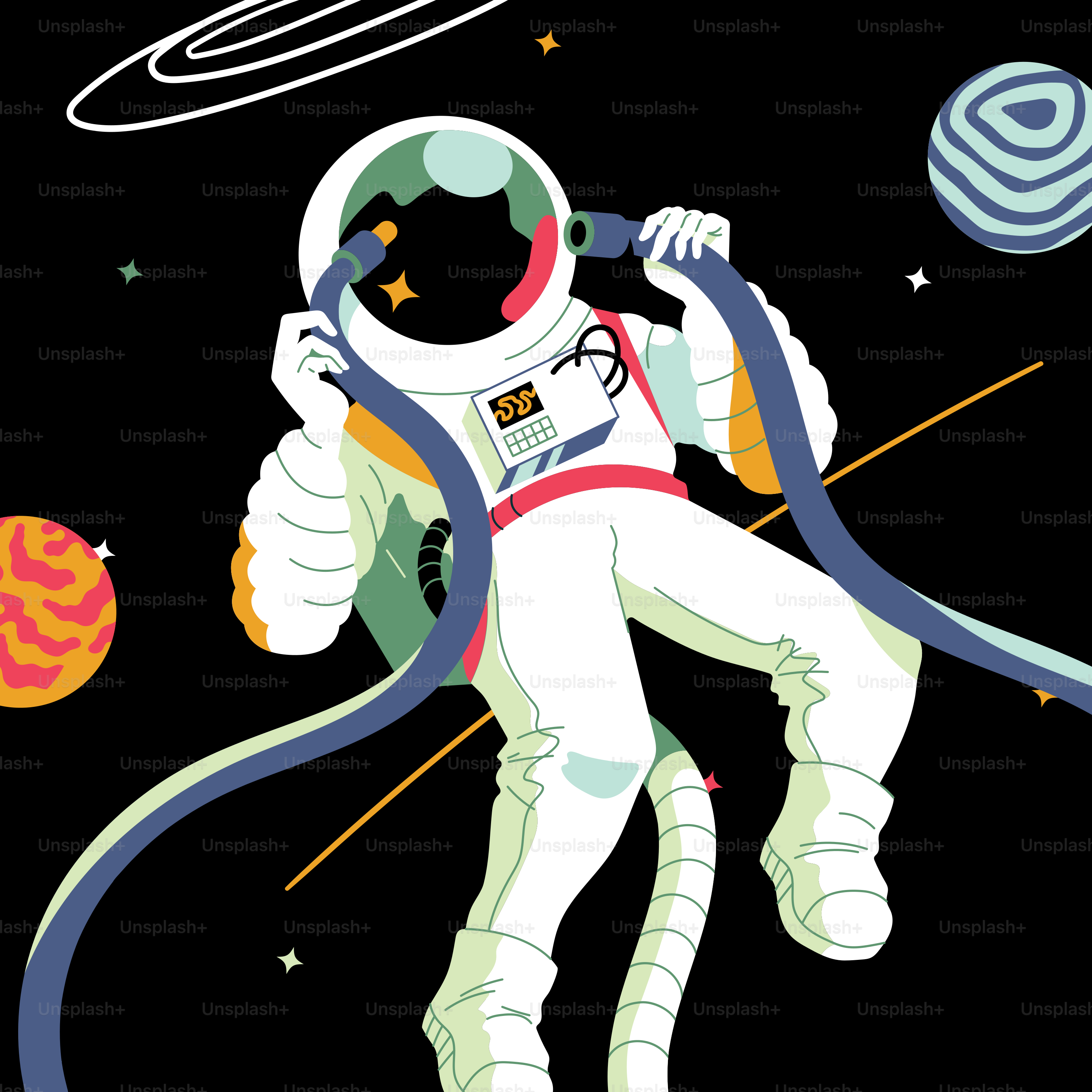 Un astronauta en el espacio exterior sosteniendo una manguera