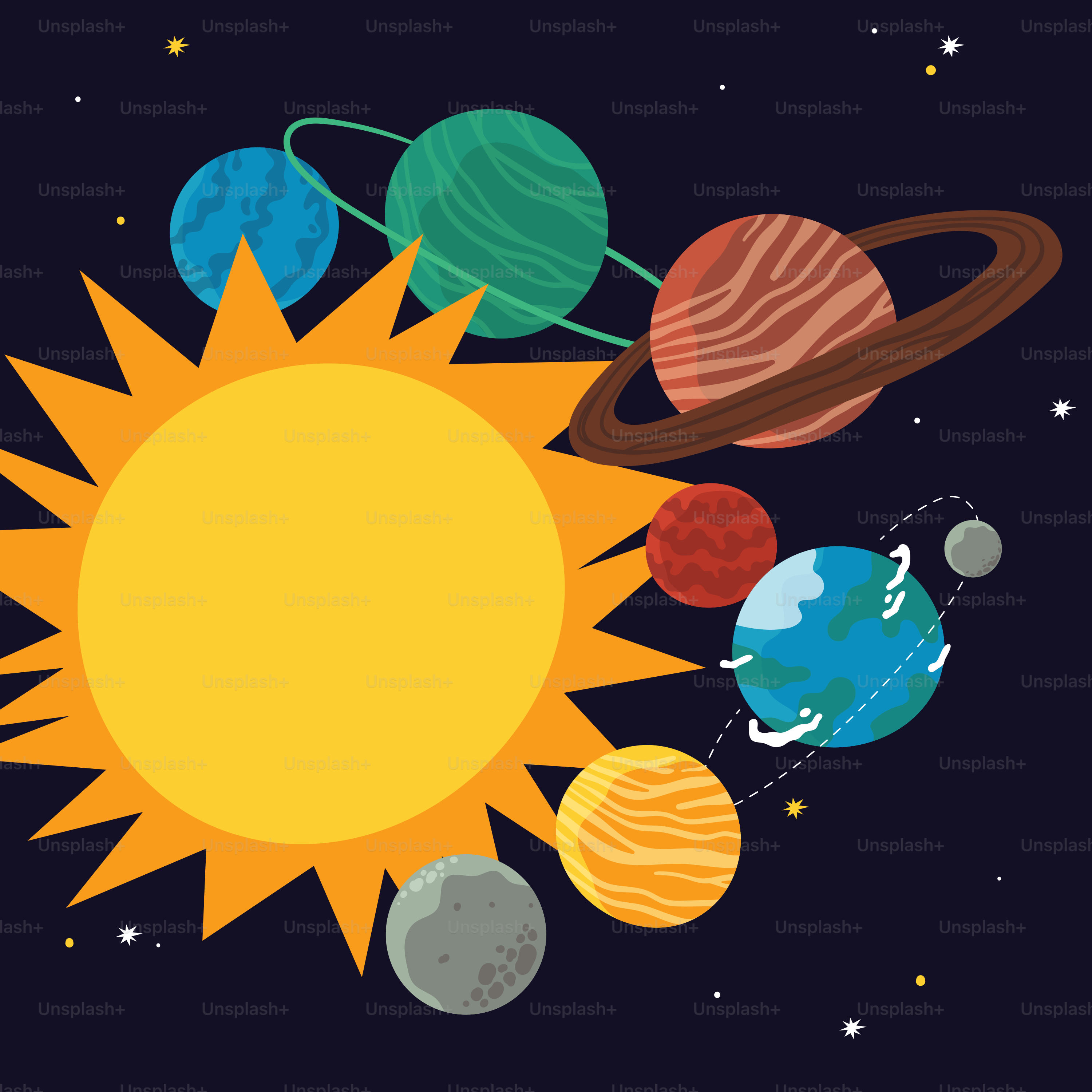 A solar system with a sun and planets