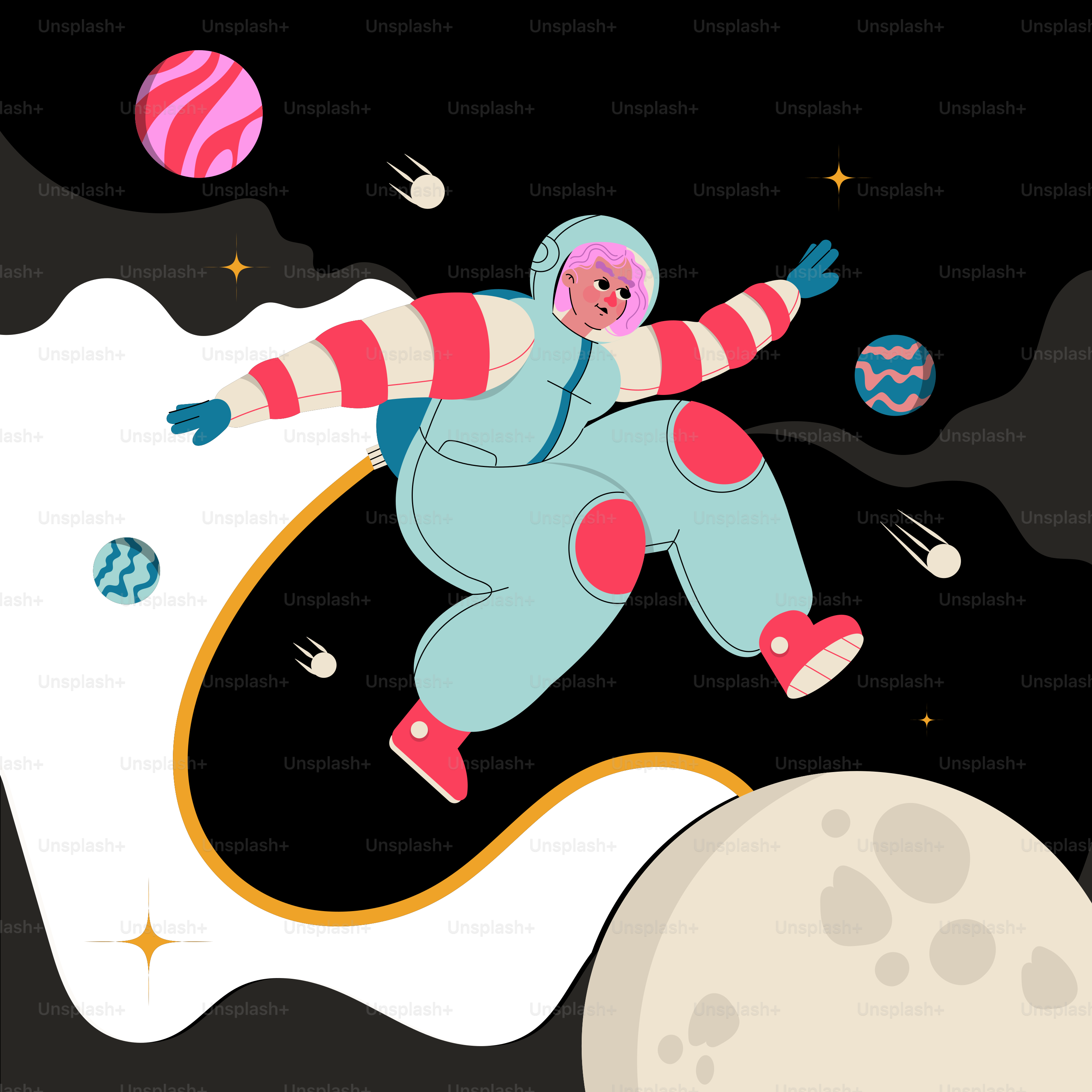 A person in a space suit is flying over the moon