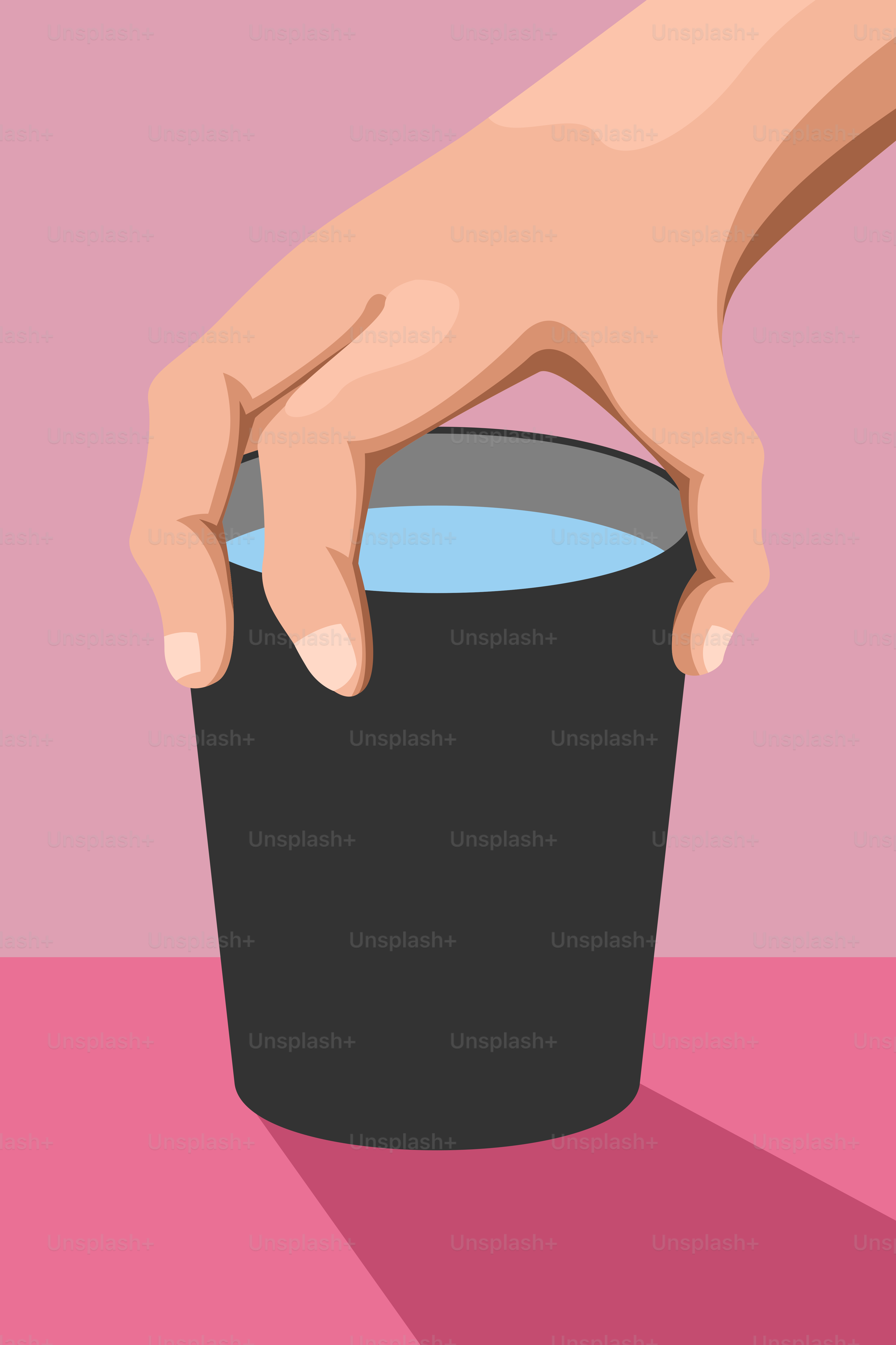 A hand holding a black cup on top of a pink table