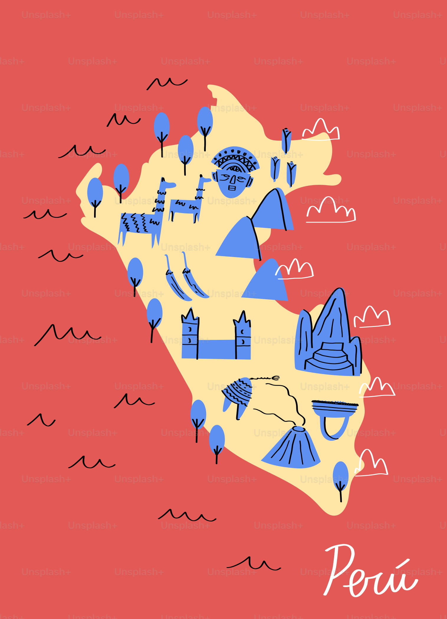 A map of peru with mountains and trees