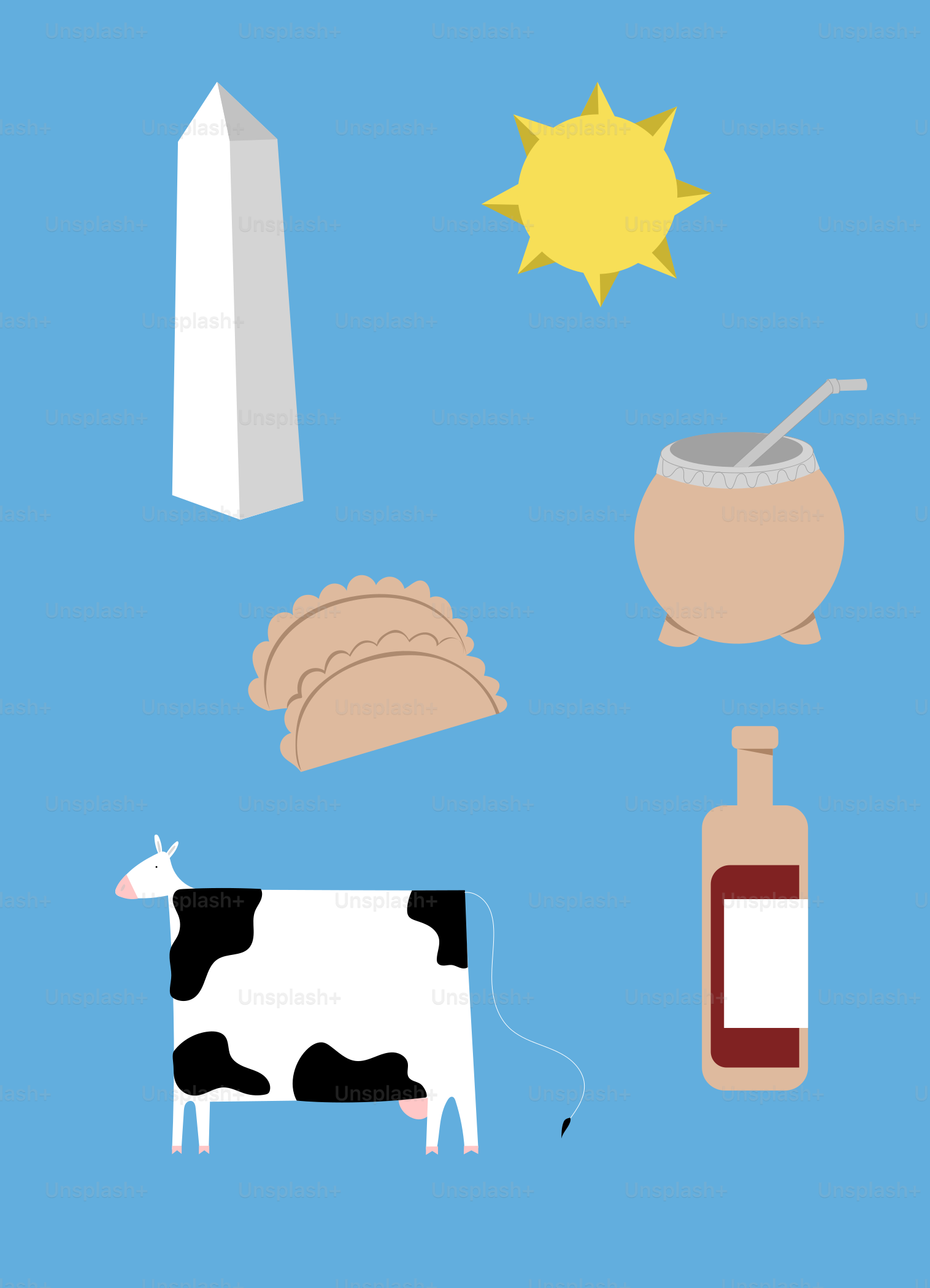 Ein Bild einer Kuh, eine Milchflasche und andere Gegenstände