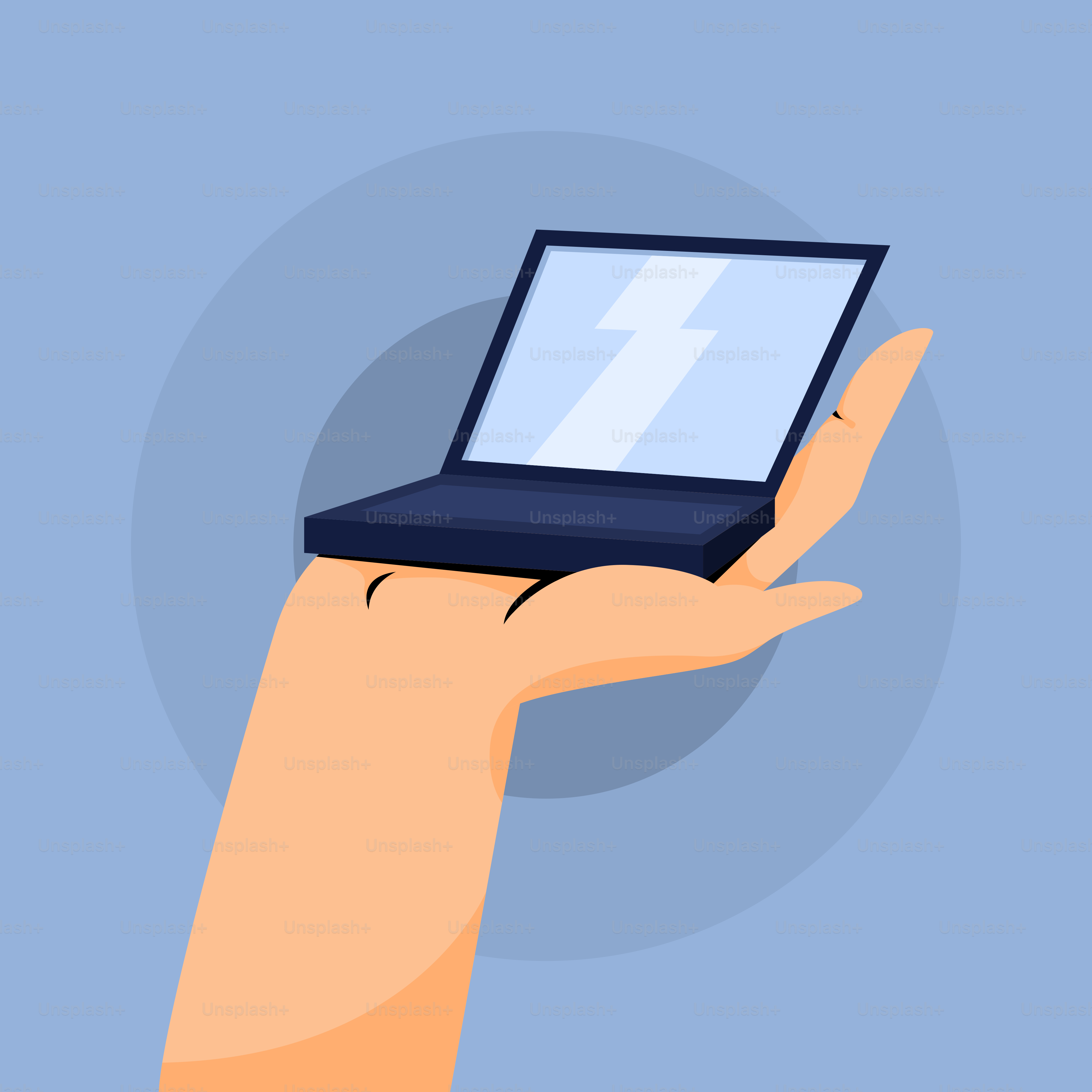 A hand holding a laptop with a lightning symbol on the screen