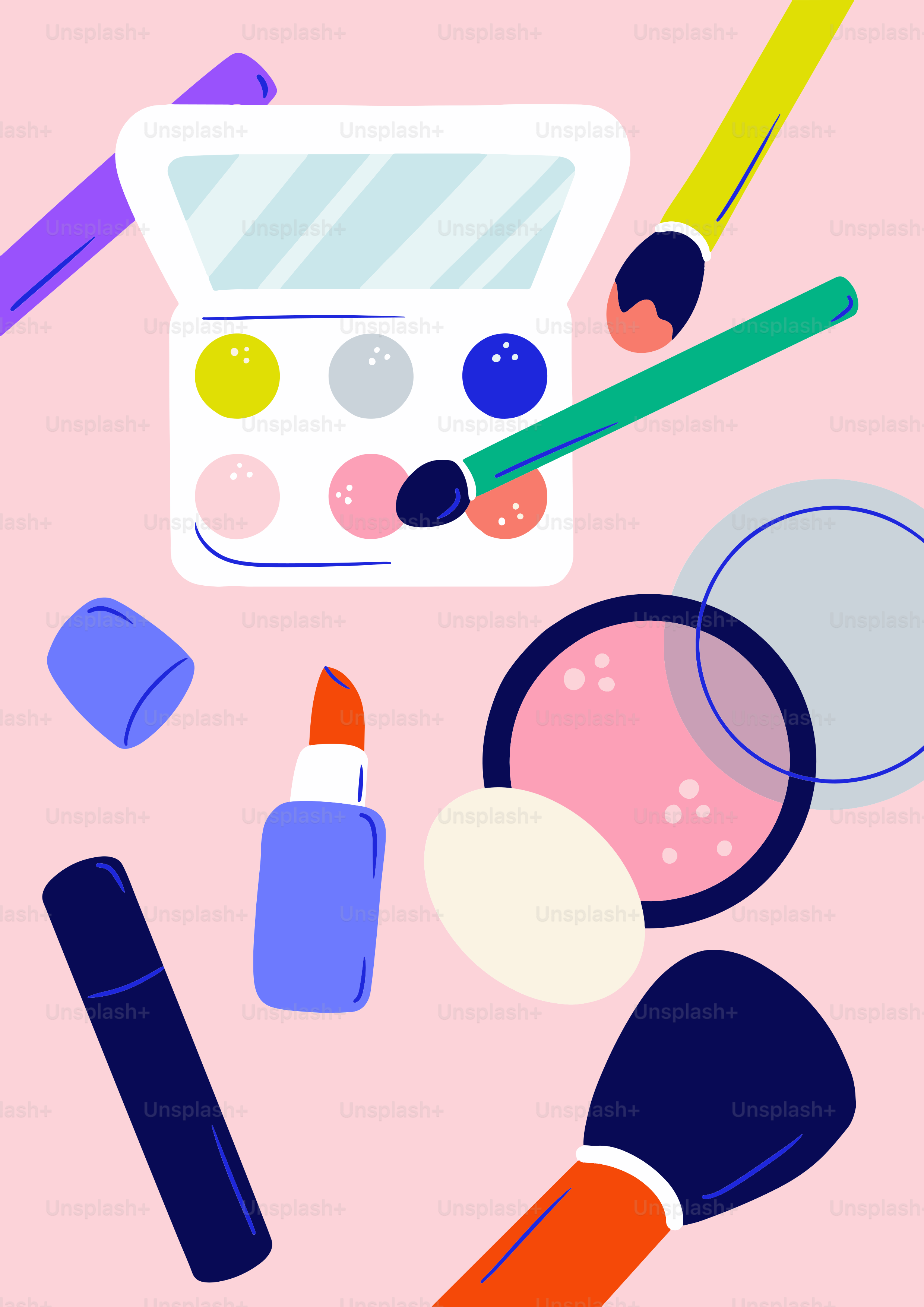 Um fundo rosa com vários cosméticos e uma lupa