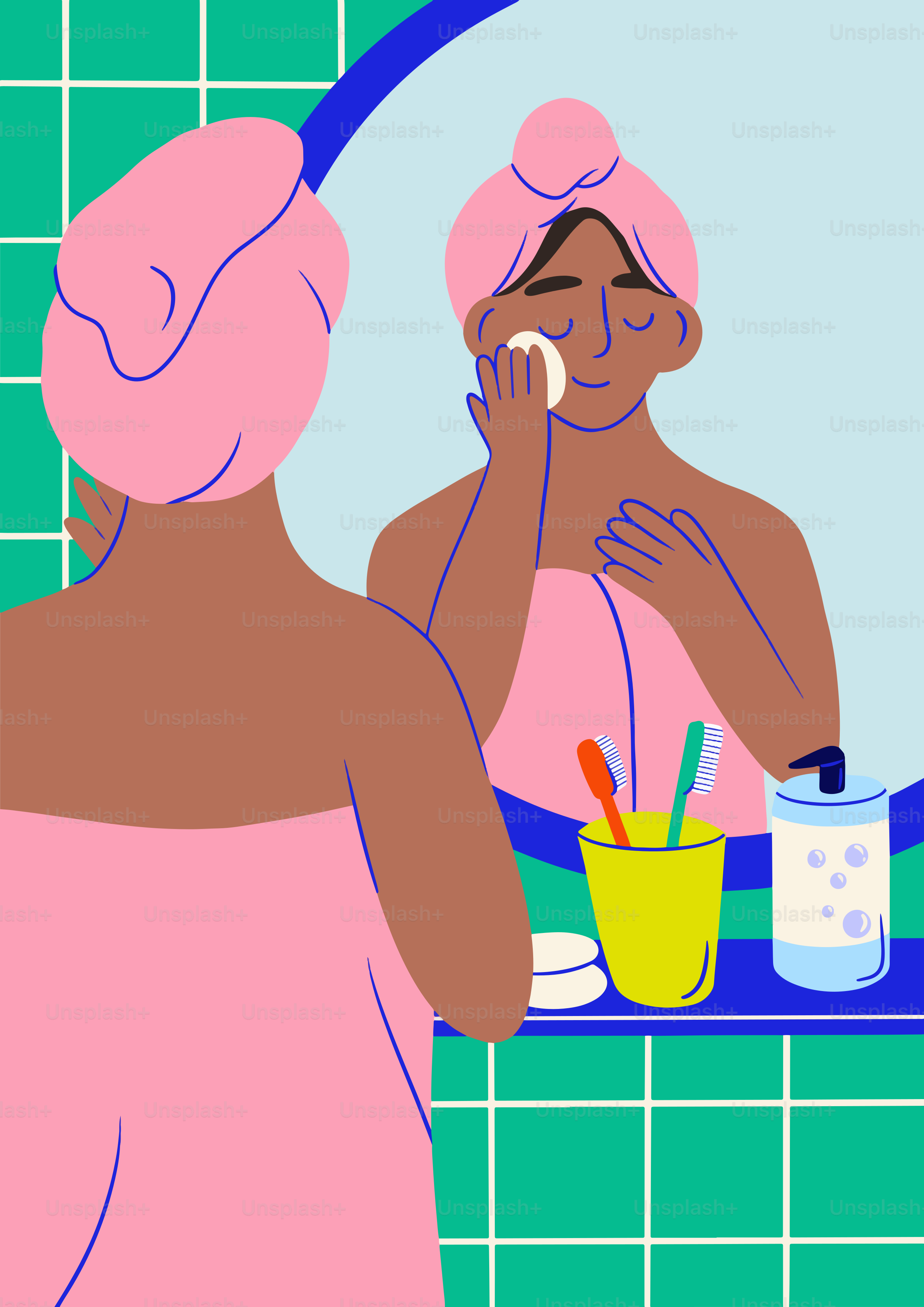 A woman brushing her teeth in front of a mirror