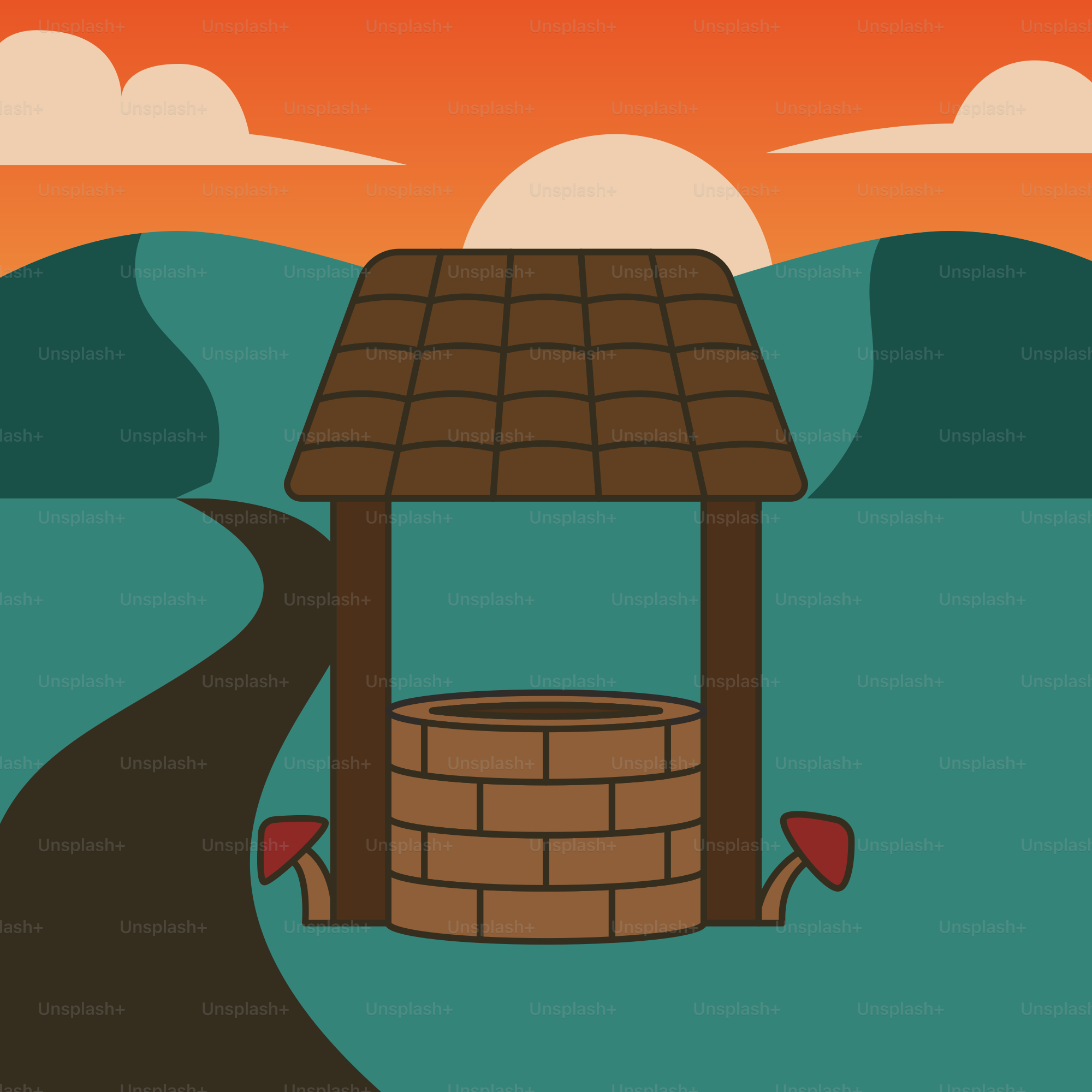 A drawing of a path leading to a brick hut