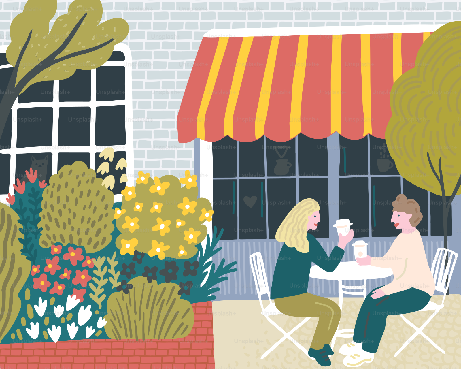 A man and a woman sitting at a table outside of a restaurant