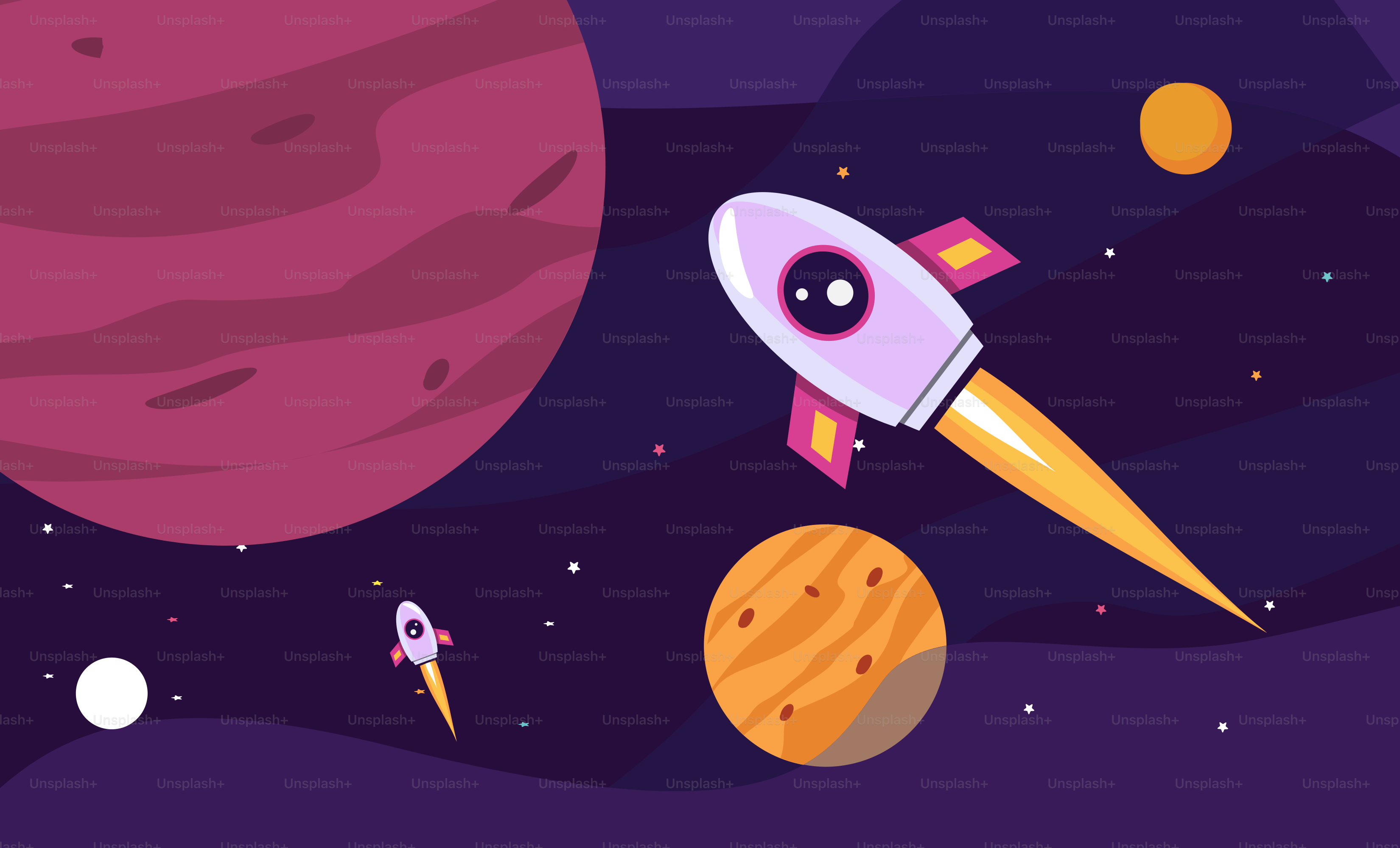 Una scena spaziale da cartone animato con un razzo e pianeti