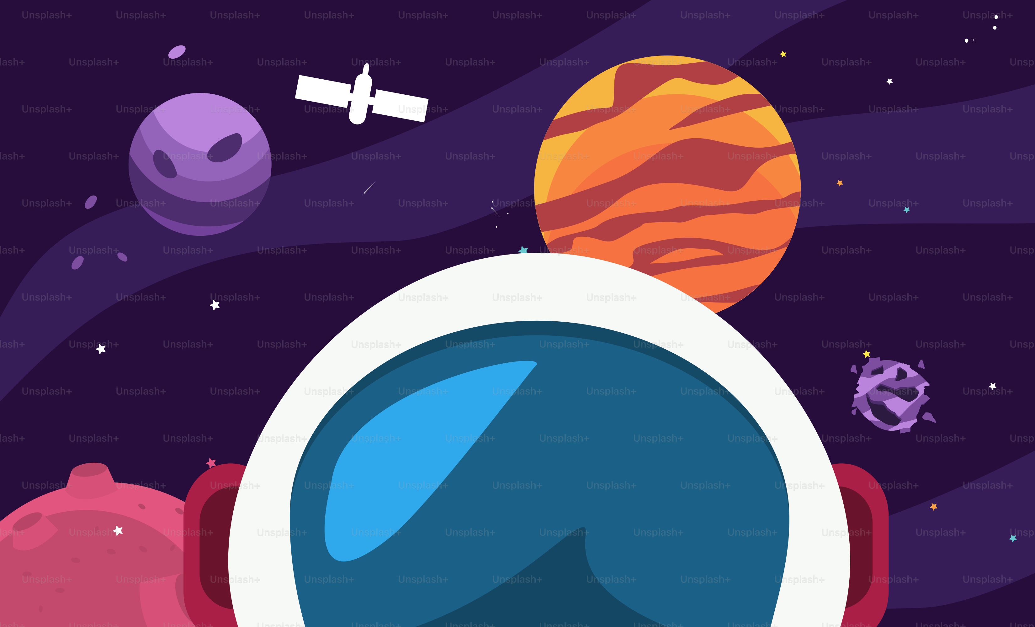 Uma ilustração de uma estação espacial com planetas e estrelas