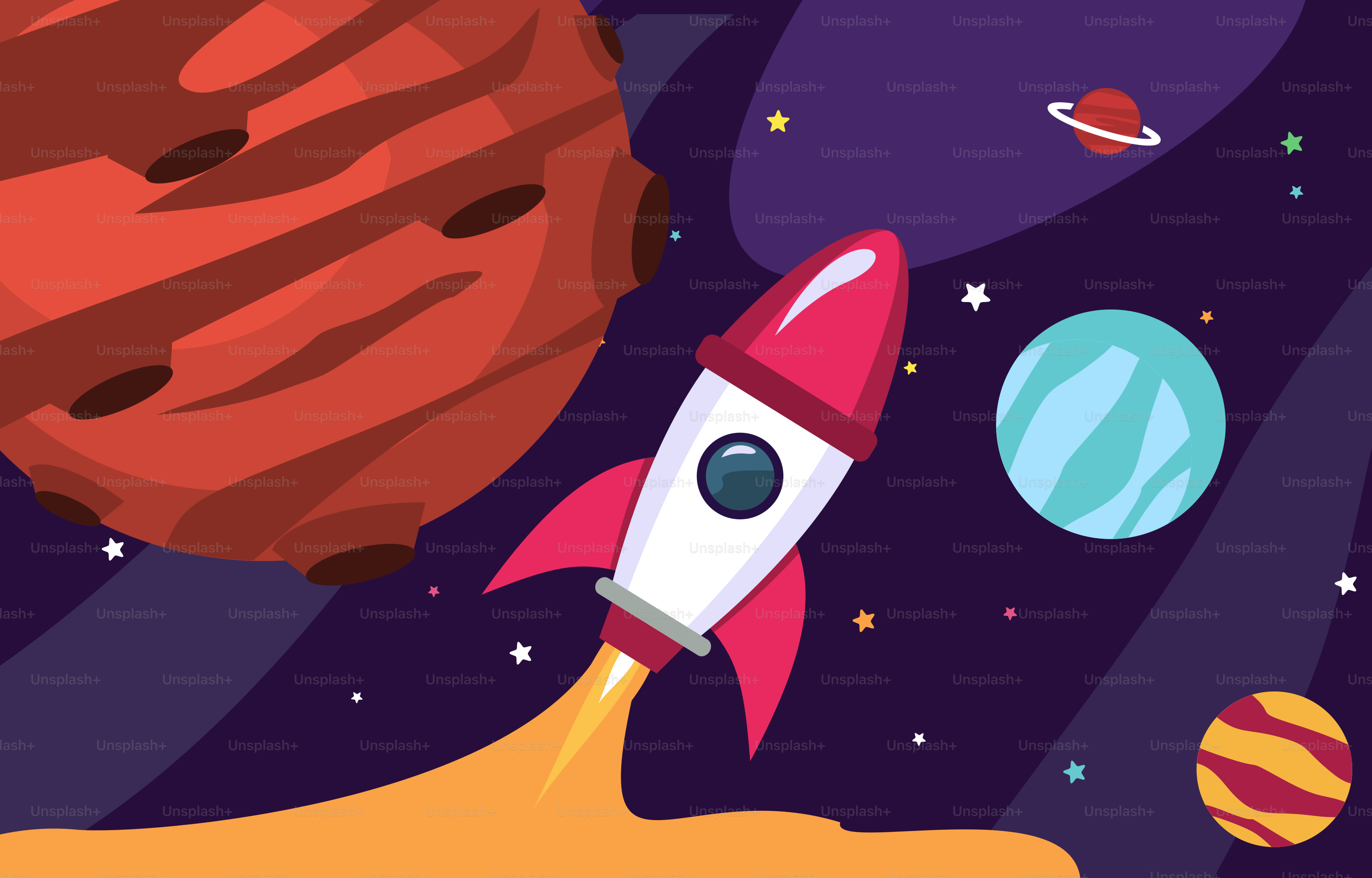 Una mano sosteniendo un cohete con planetas de fondo