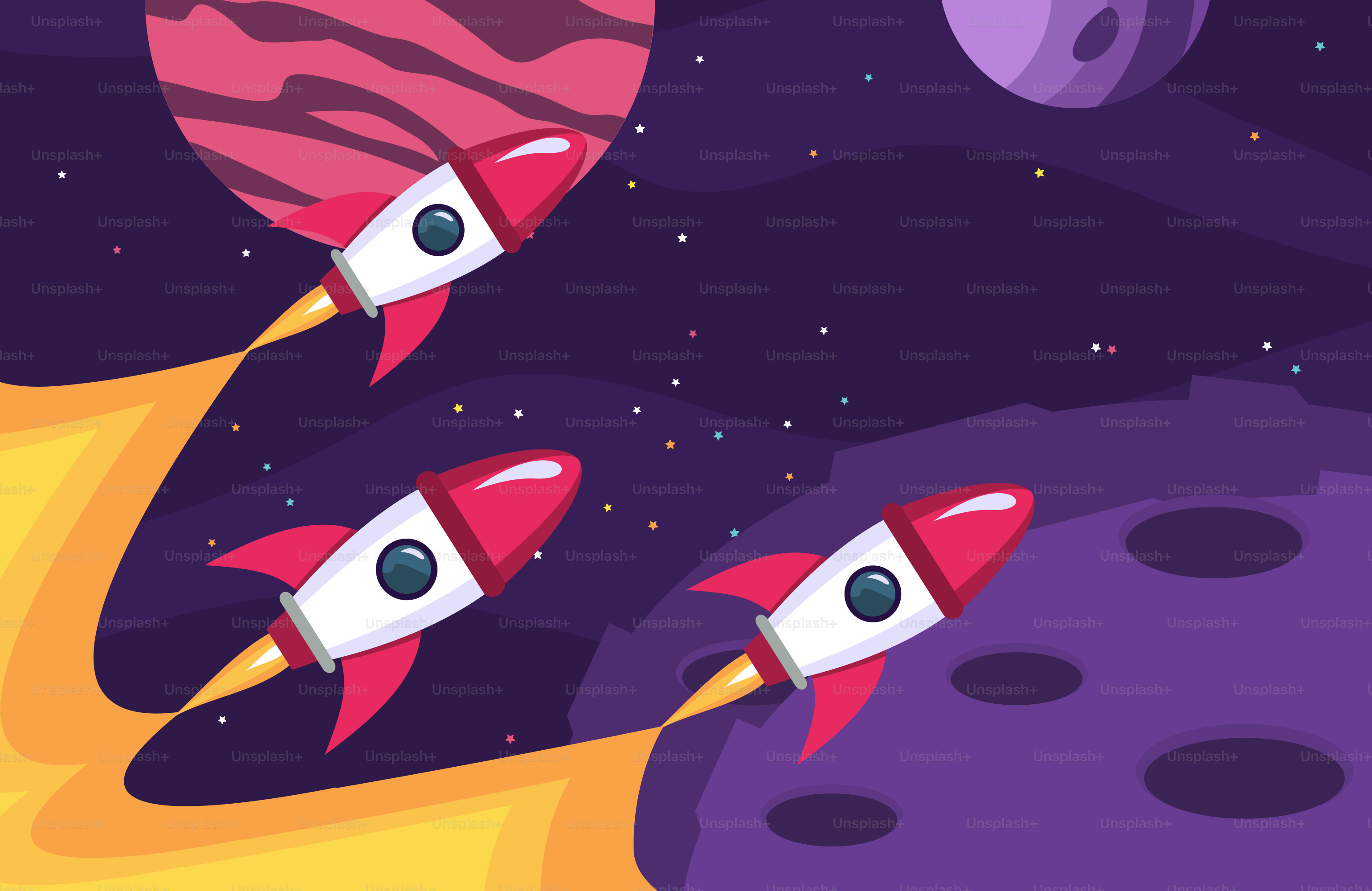 A group of cartoon rockets flying through space