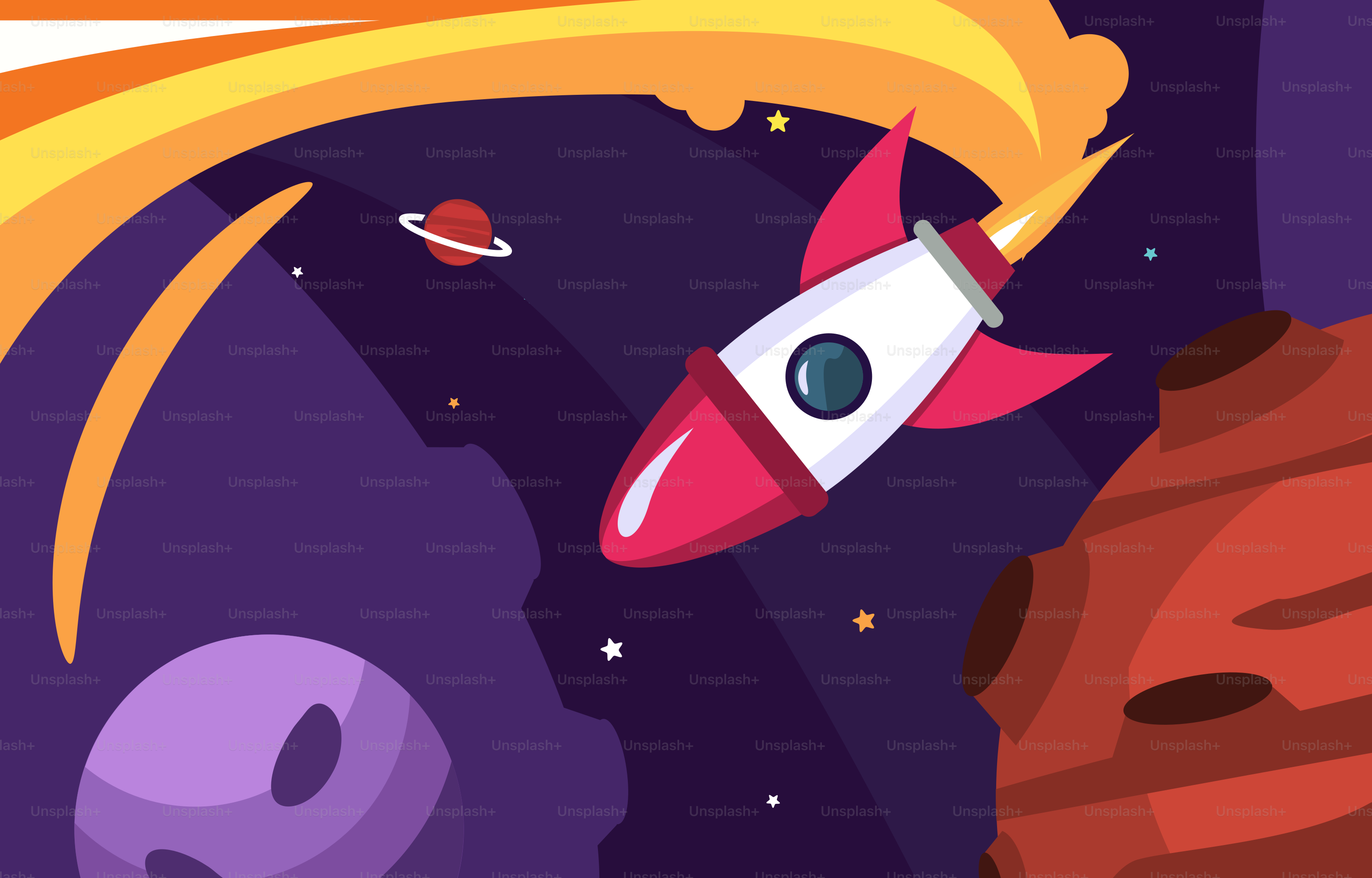 Una escena espacial de dibujos animados con un cohete y una calavera