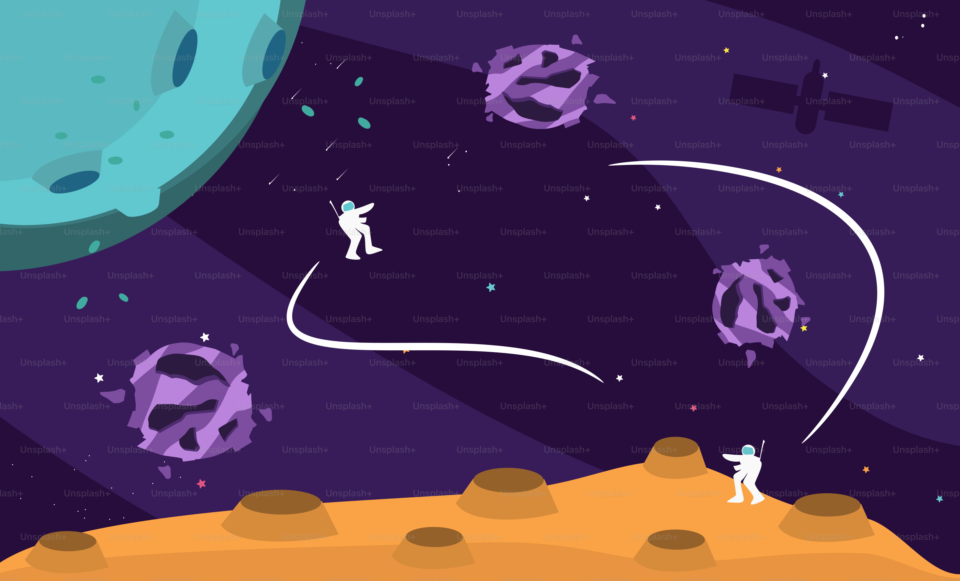 Una escena de dibujos animados de una estación espacial con un hombre en la luna