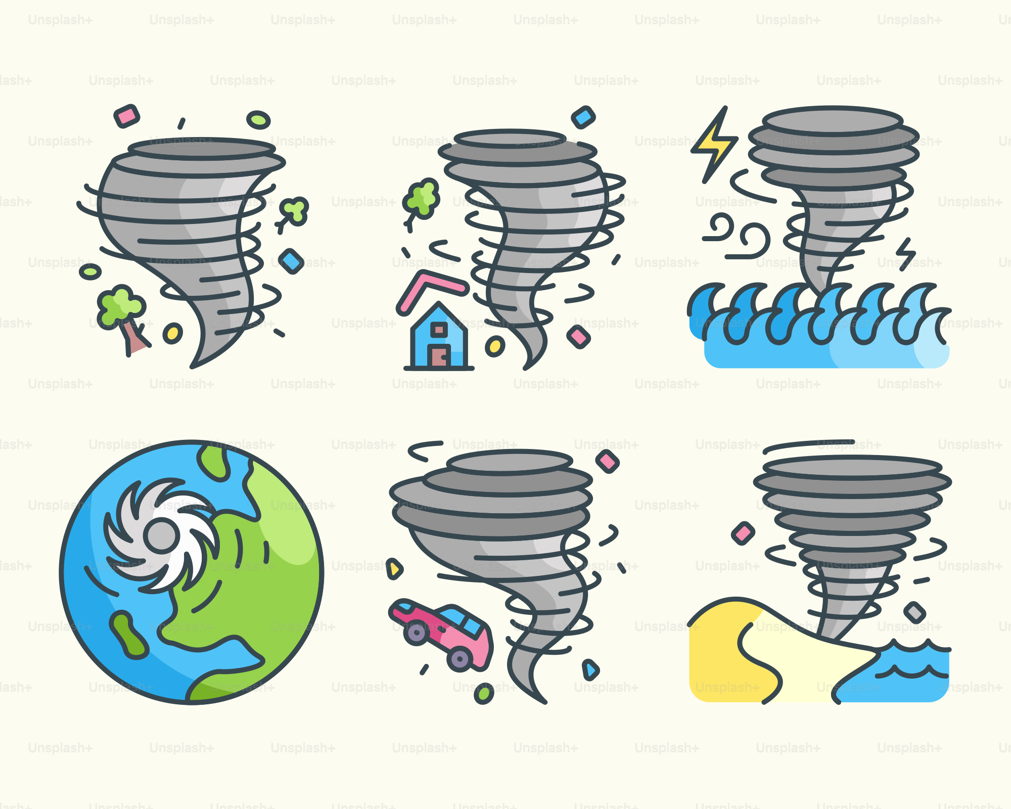 A drawing of a bunch of different types of tornados