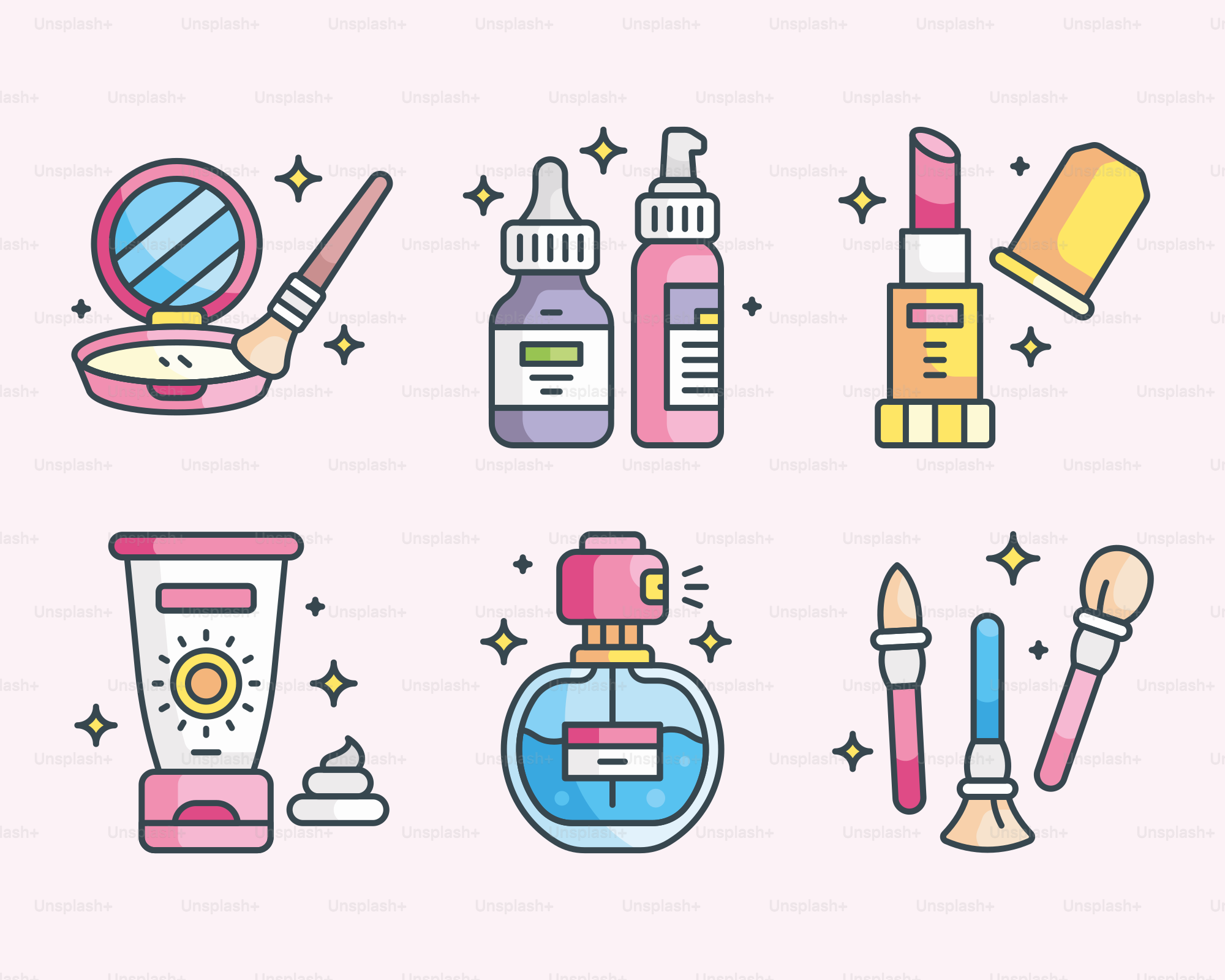 Uno sfondo rosa con diversi tipi di cosmetici