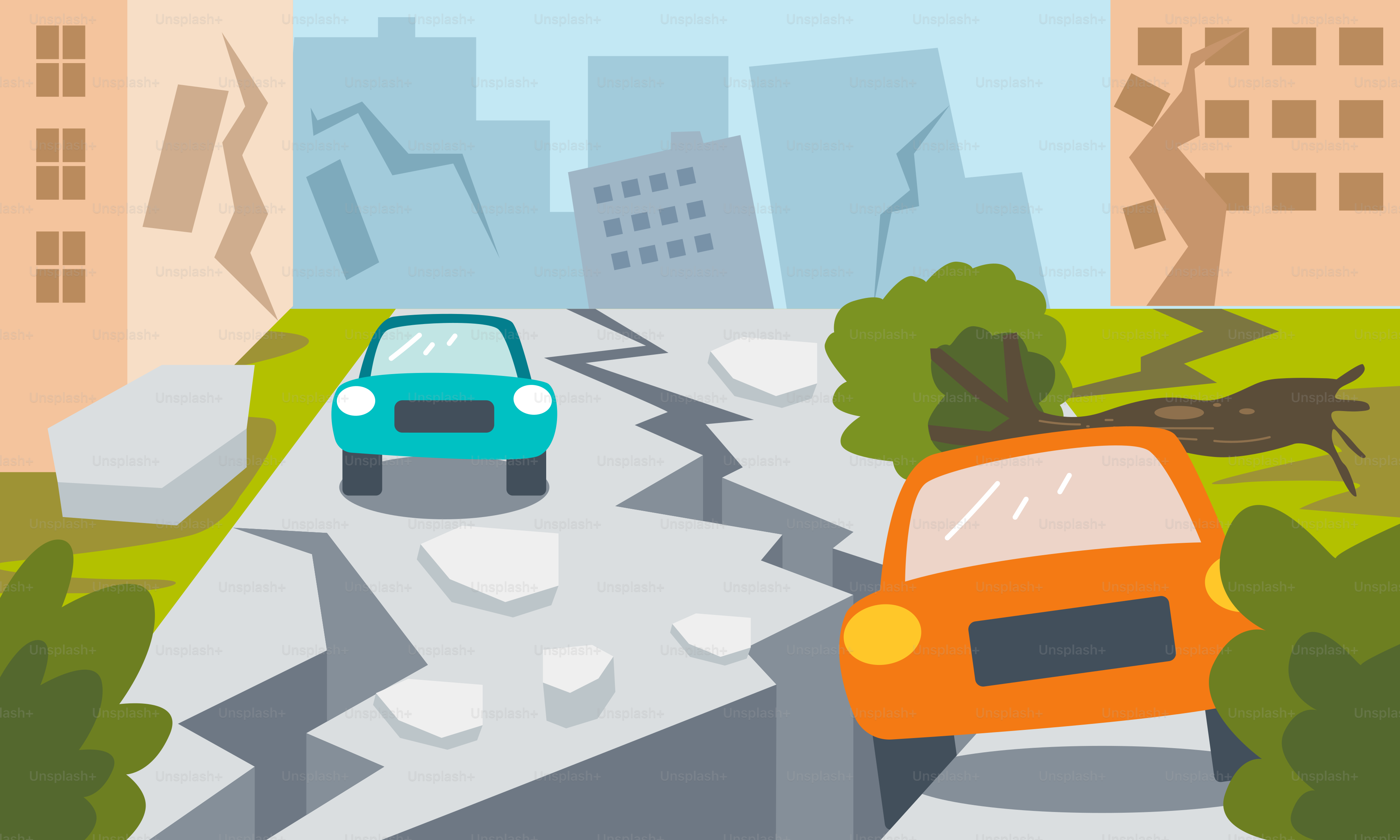 Two cars driving down a road in a city