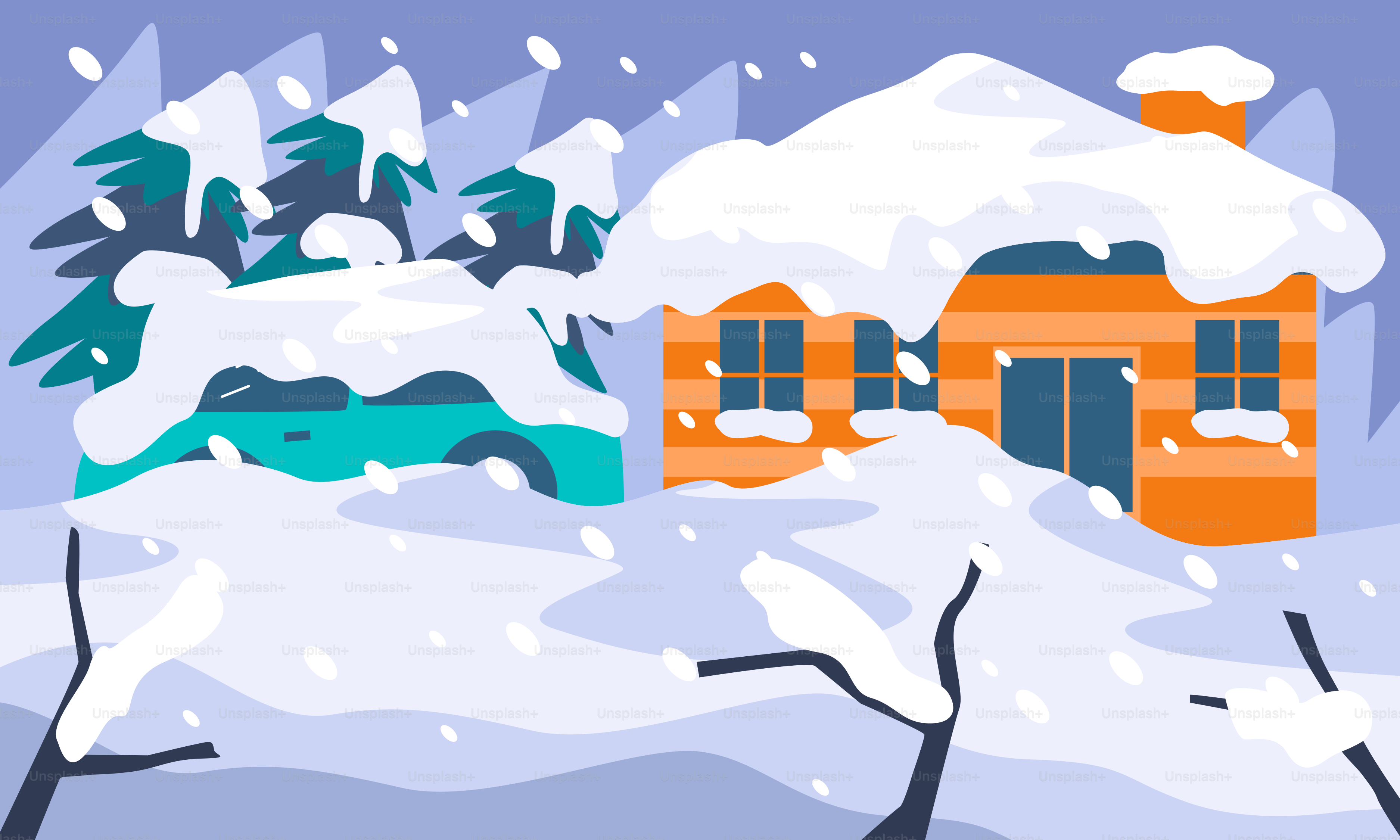 Un paysage enneigé avec une maison et des arbres