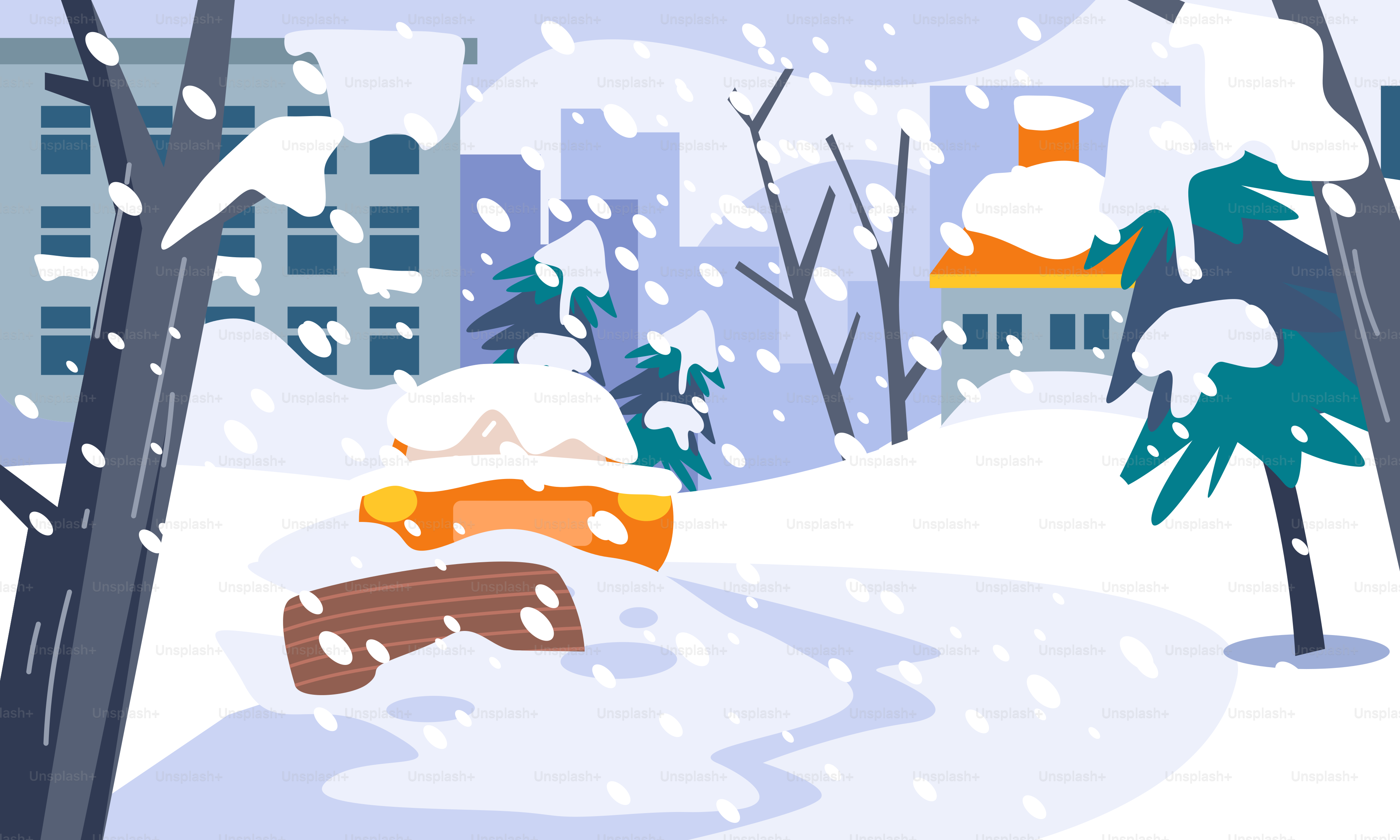 ベンチや木々が並ぶ雪に覆われた公園