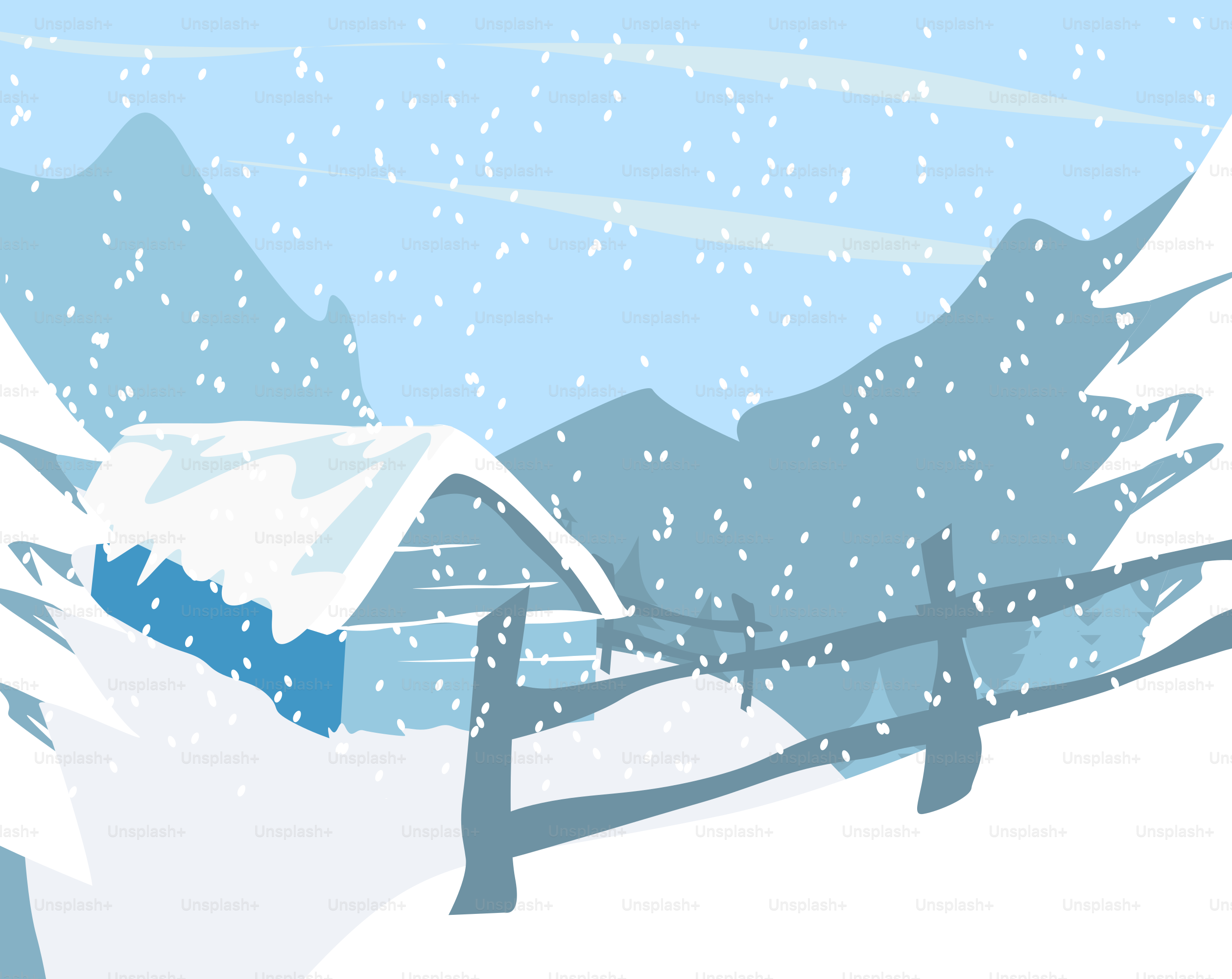 A snowy landscape with a house in the foreground