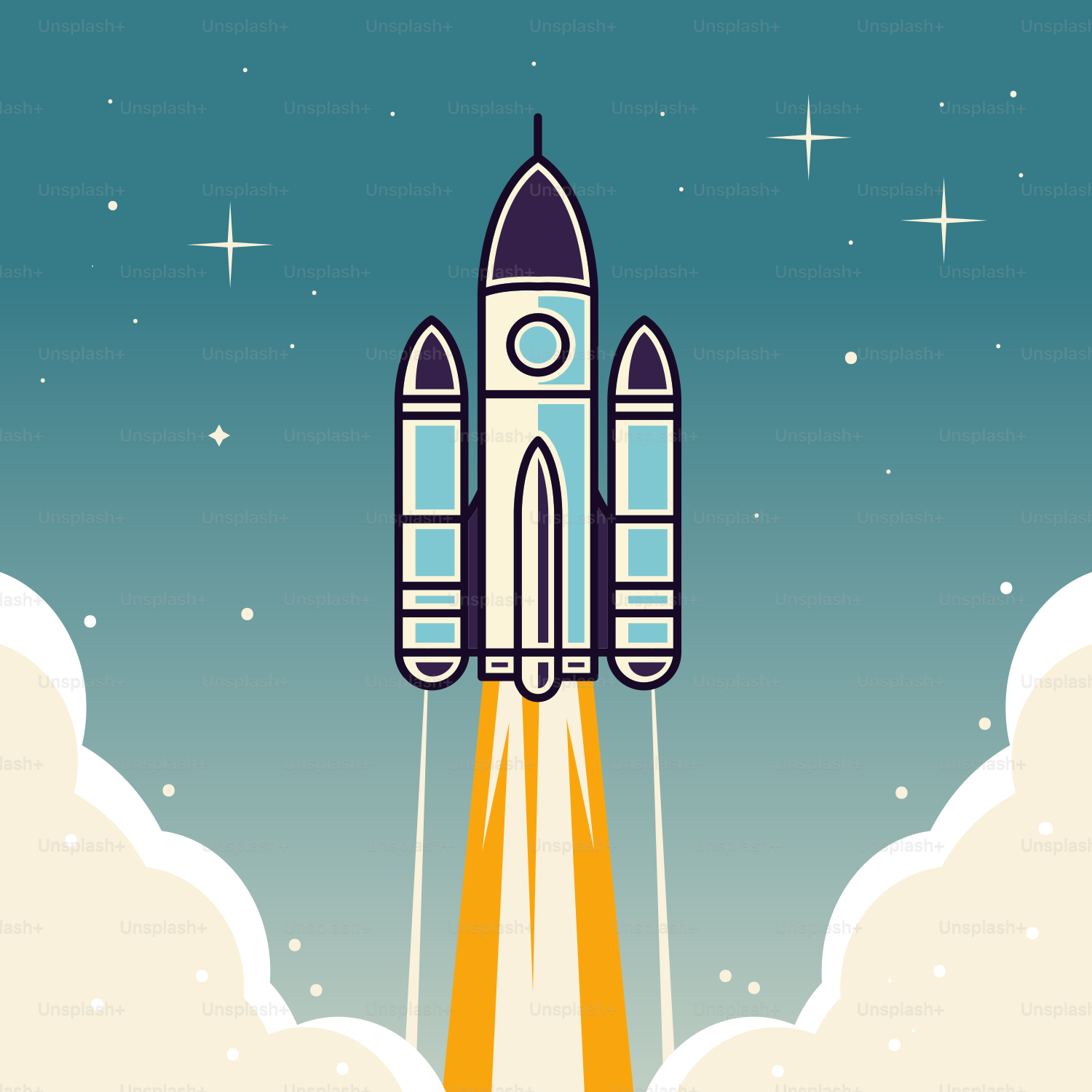A cartoon rocket is flying through the sky