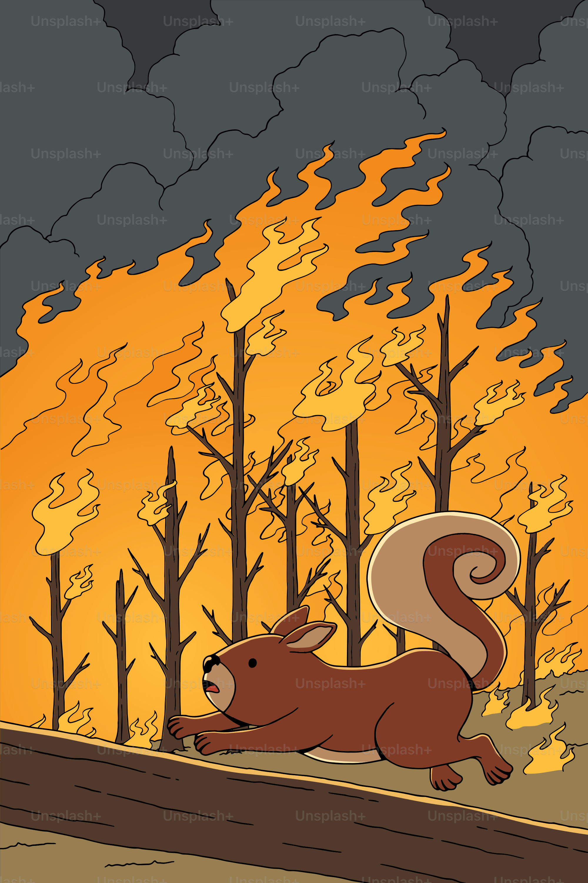 A cartoon of a squirrel running in front of a fire
