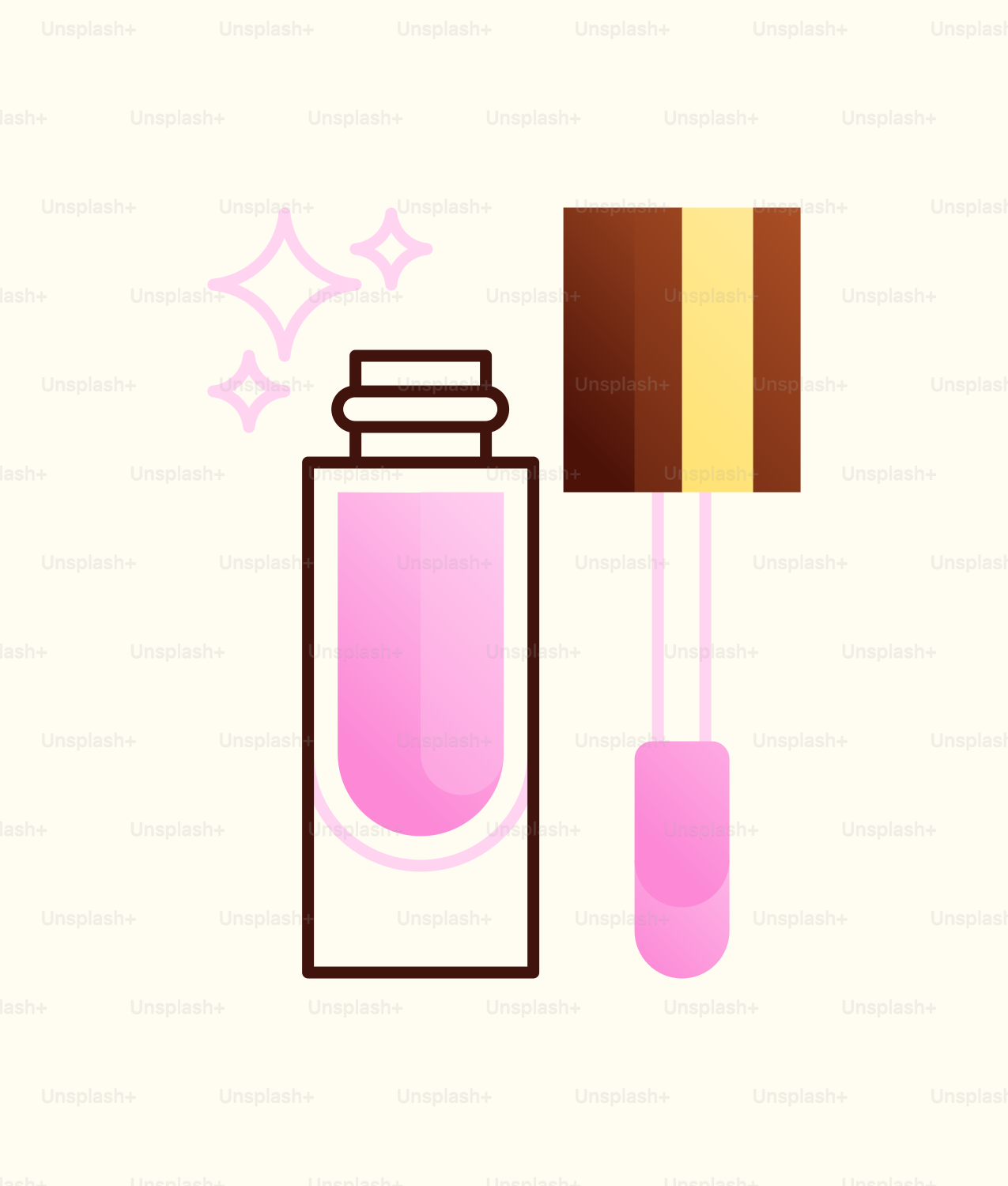 A bottle of pink nail polish next to a brush