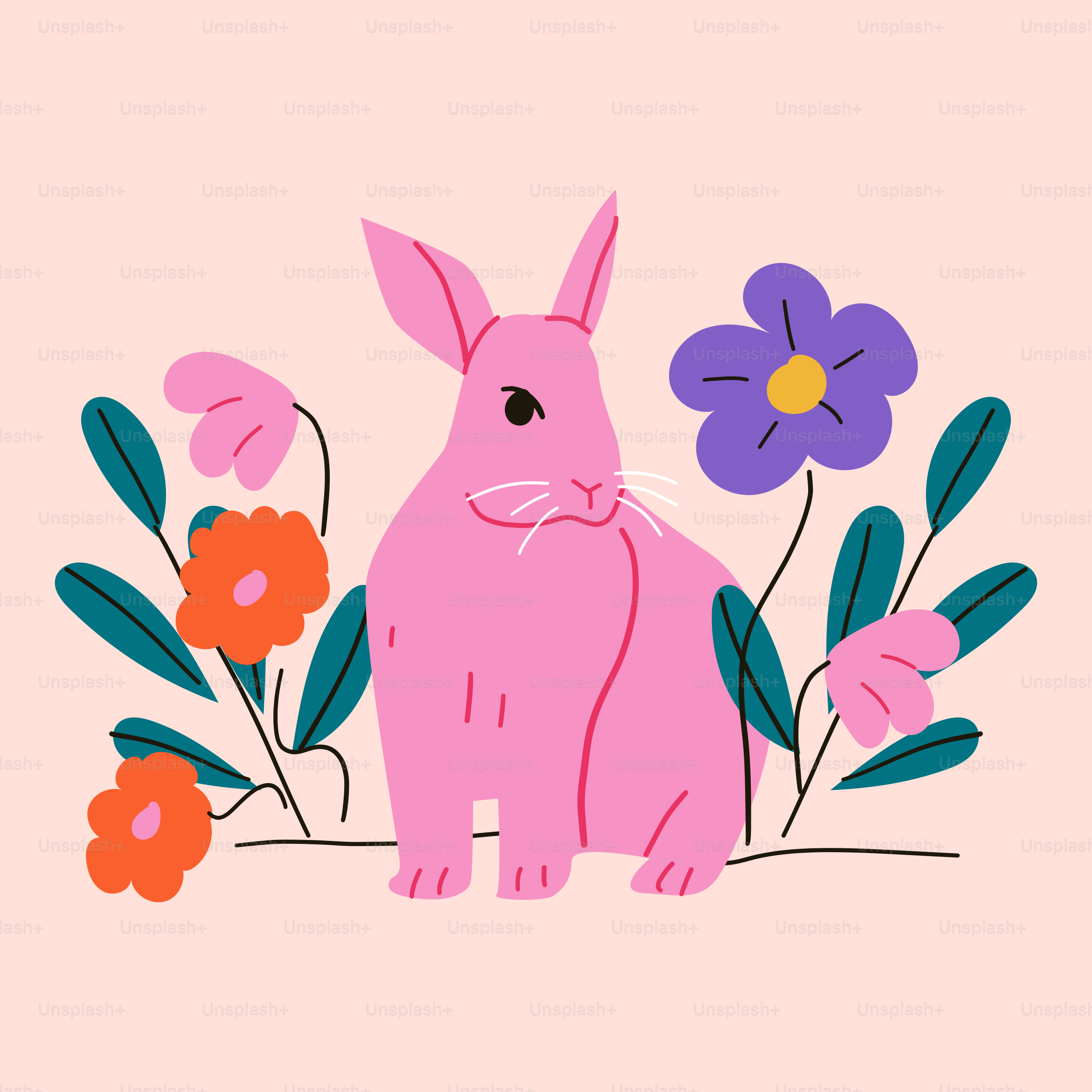 Ein rosa Hase, umgeben von Blumen auf rosa Hintergrund