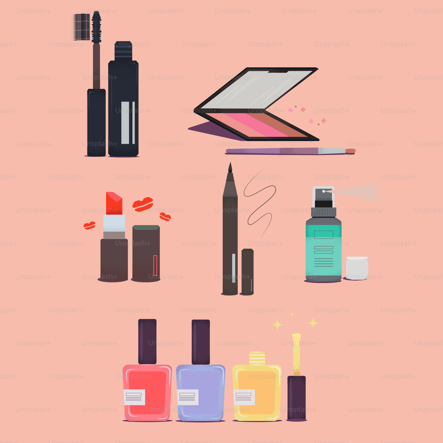 A pink background with cosmetics and cosmetics products