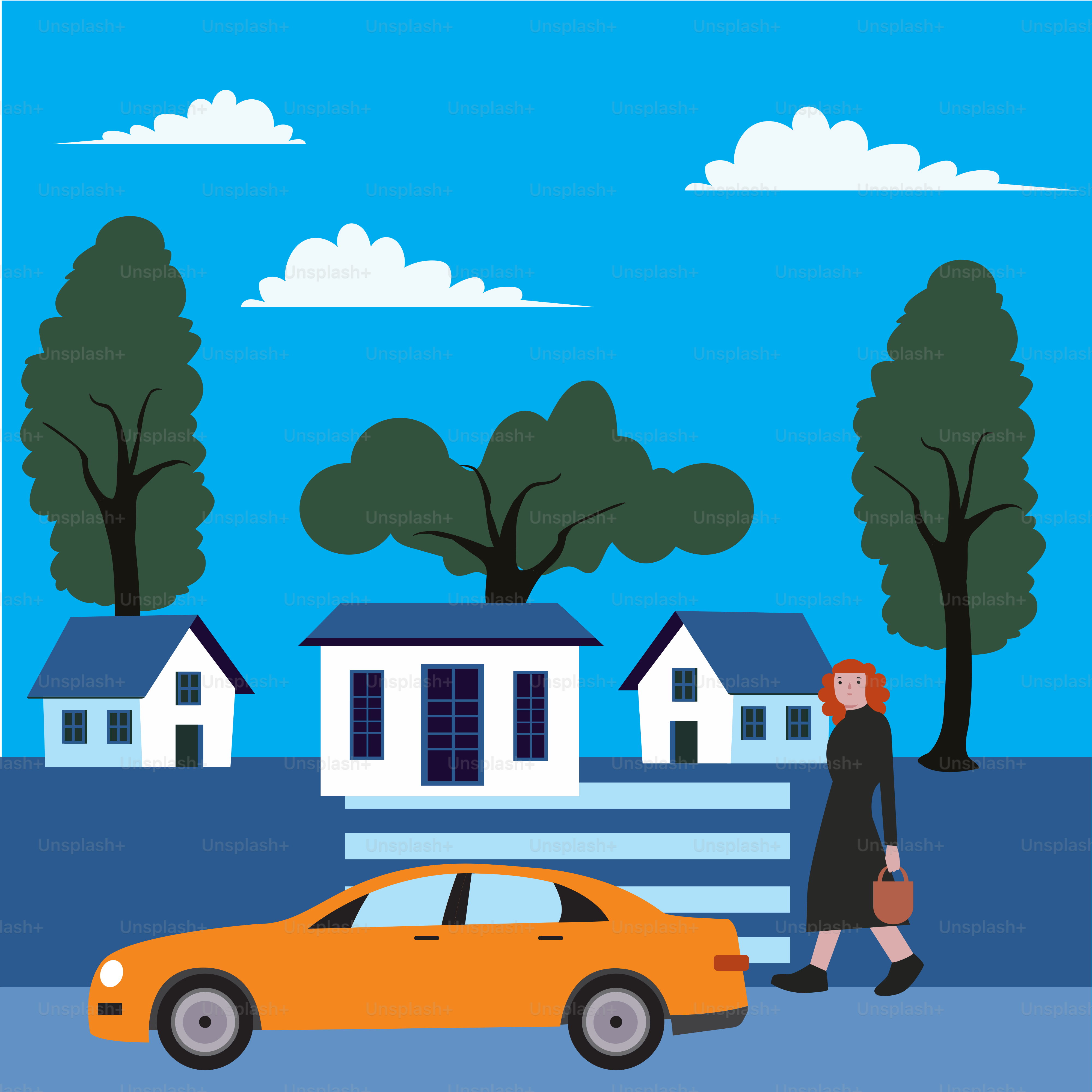 A woman walking past a yellow car in front of a house