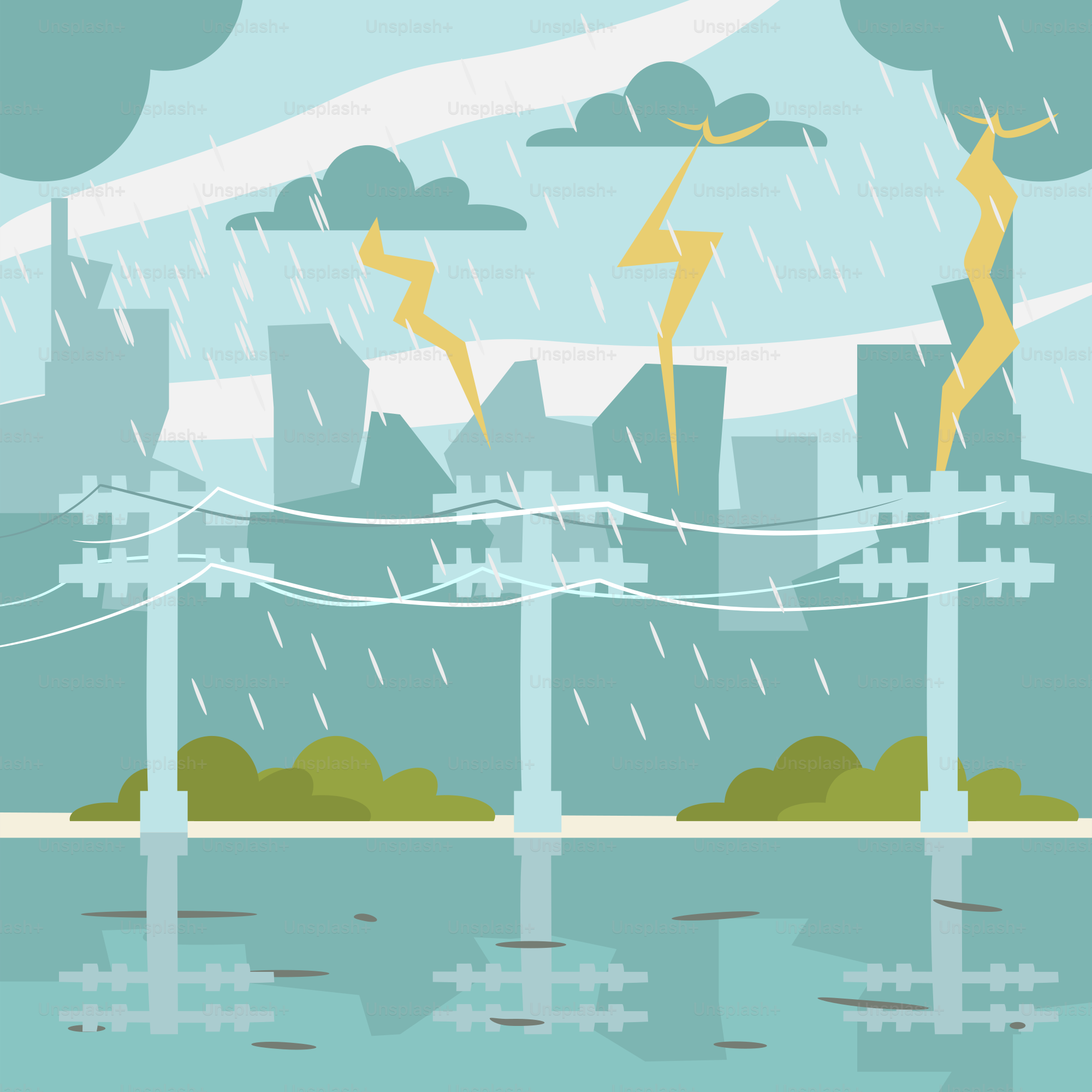 A cartoon of a city with a lot of power lines