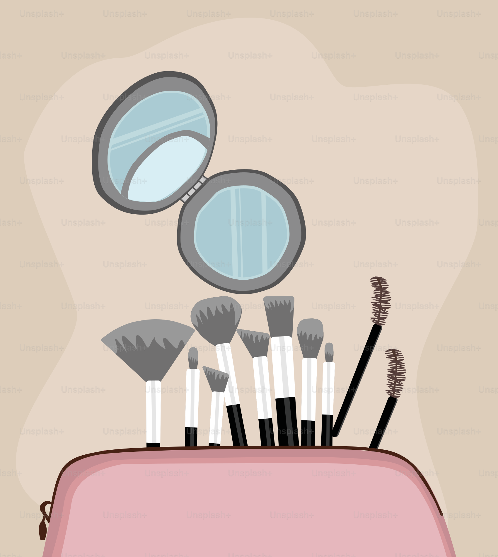 A pink purse filled with makeup brushes and a mirror