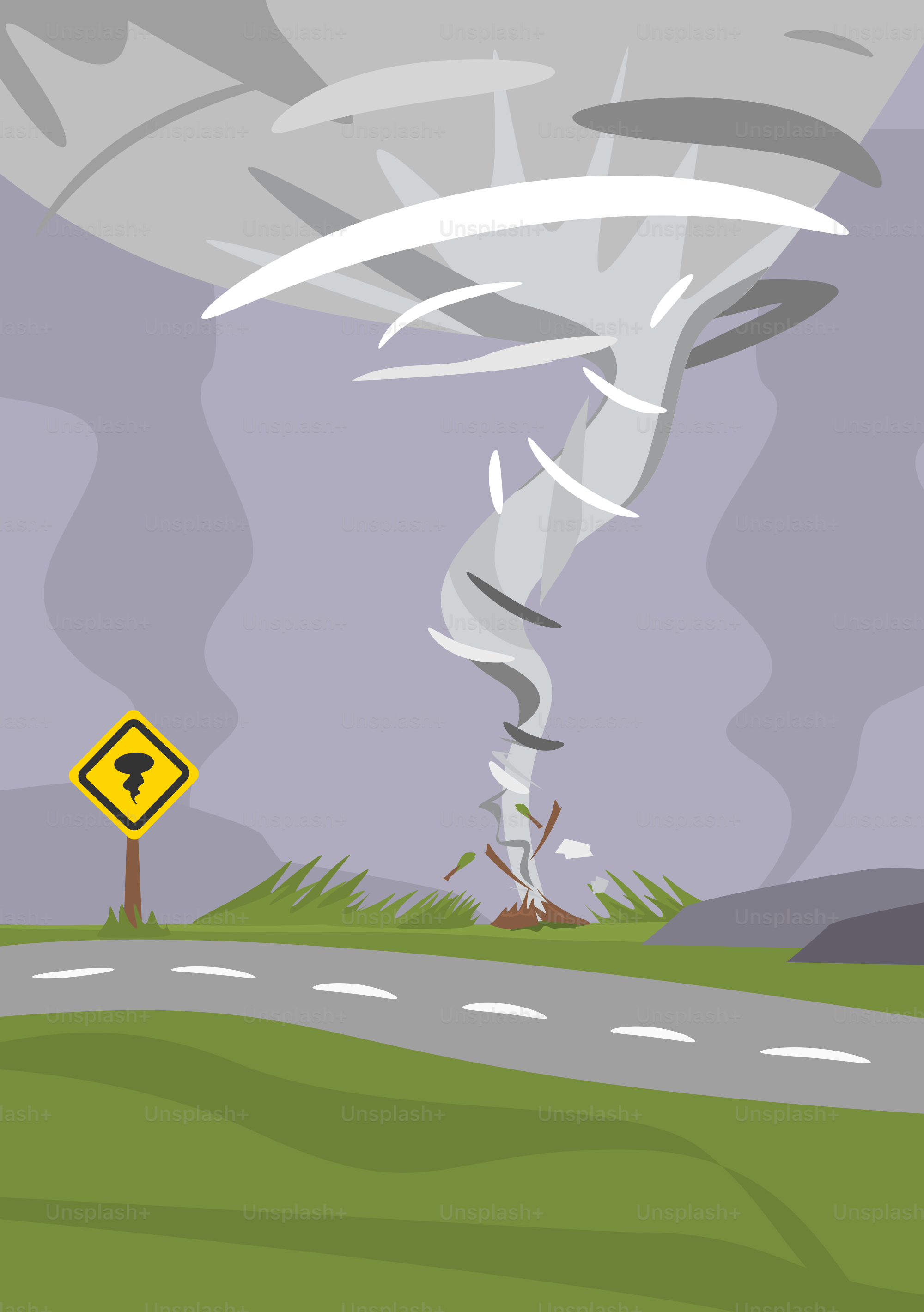 Une image de dessin animé d’une tornade frappant une route