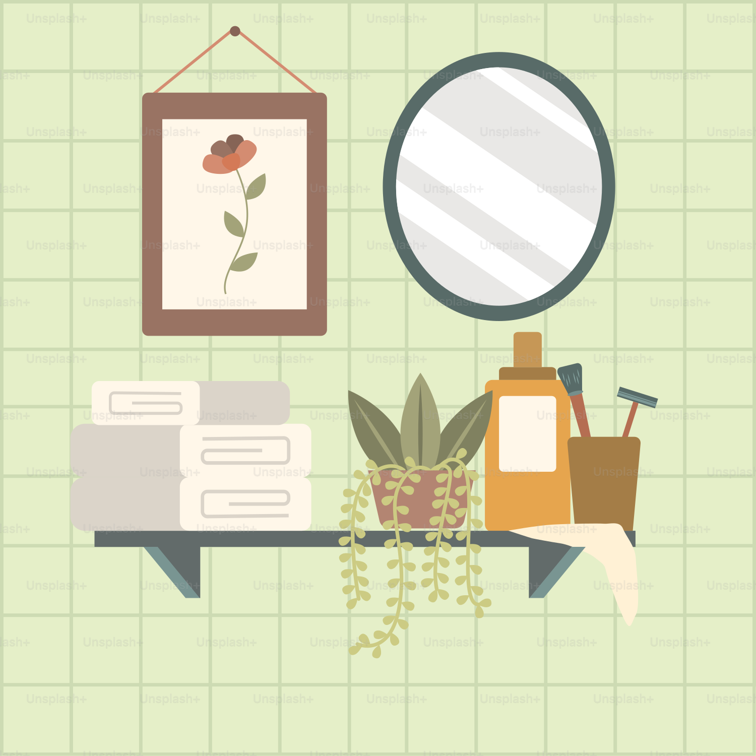 A green tiled bathroom with a mirror and plants