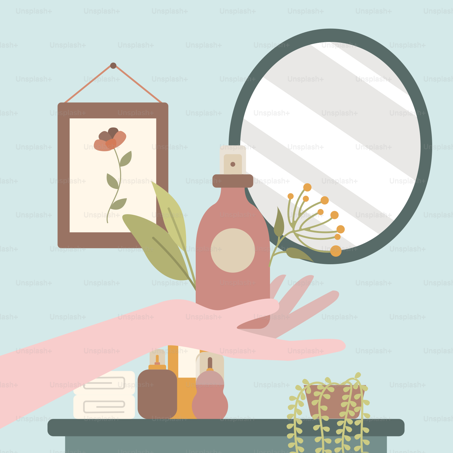 A person's hand holding a bottle with a flower in it