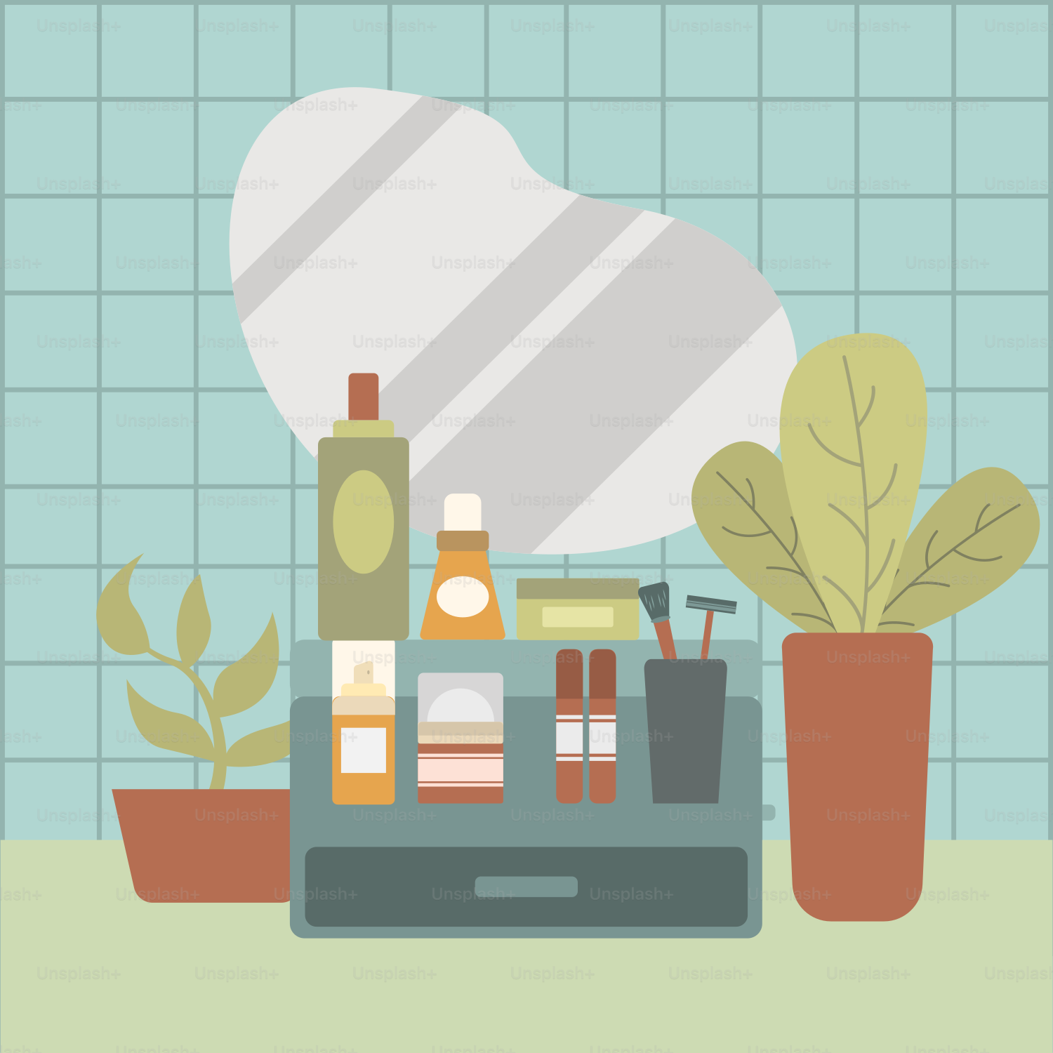 A bathroom scene with a plant and a mirror