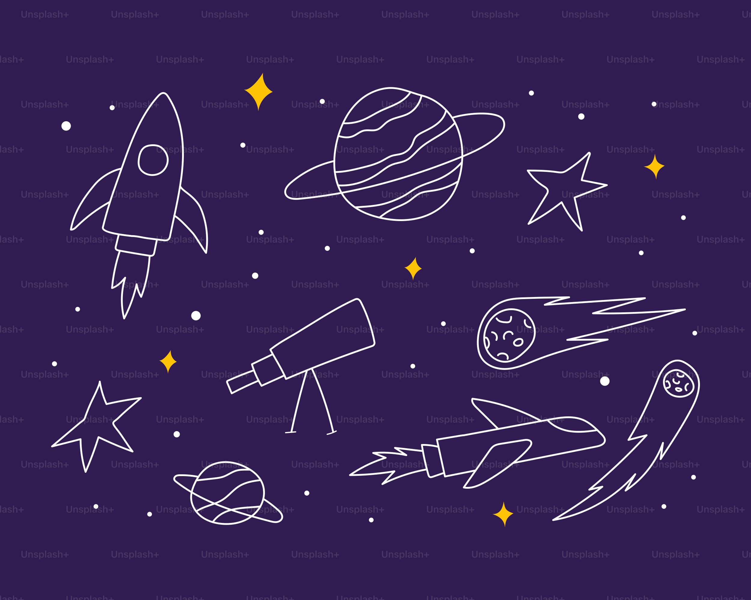 A drawing of a rocket, stars, and planets