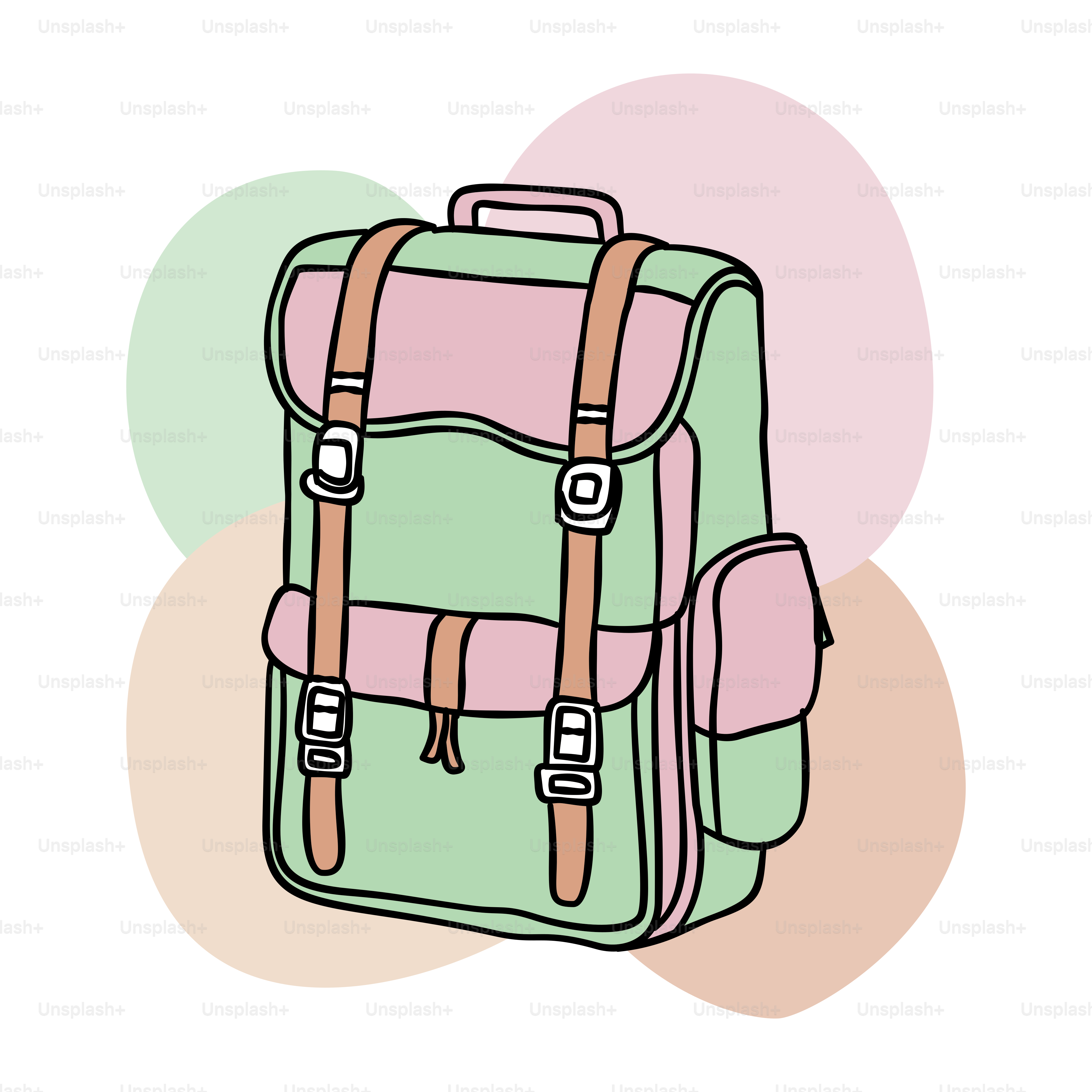 A green and pink backpack with brown straps