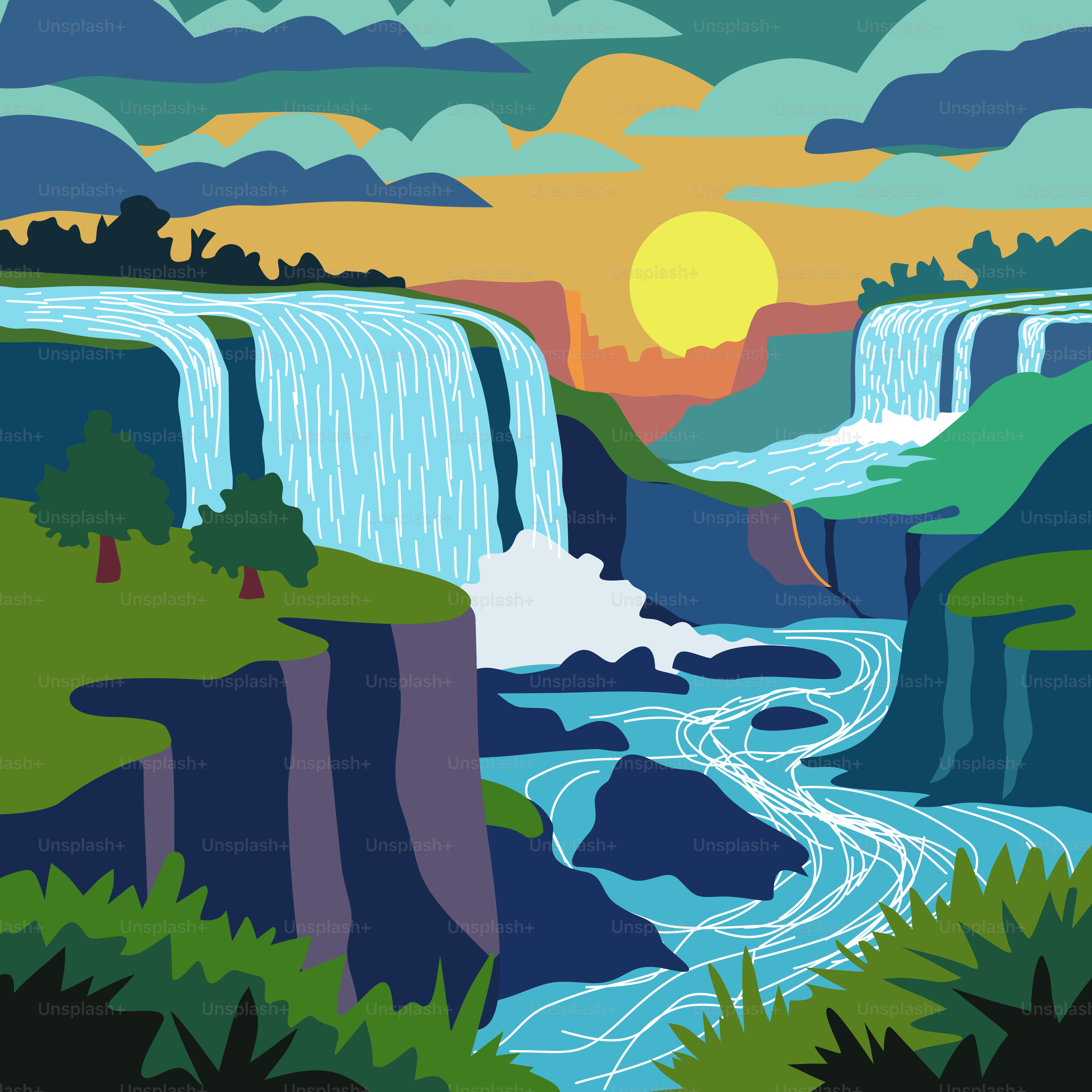 Un dipinto di una cascata con un tramonto sullo sfondo