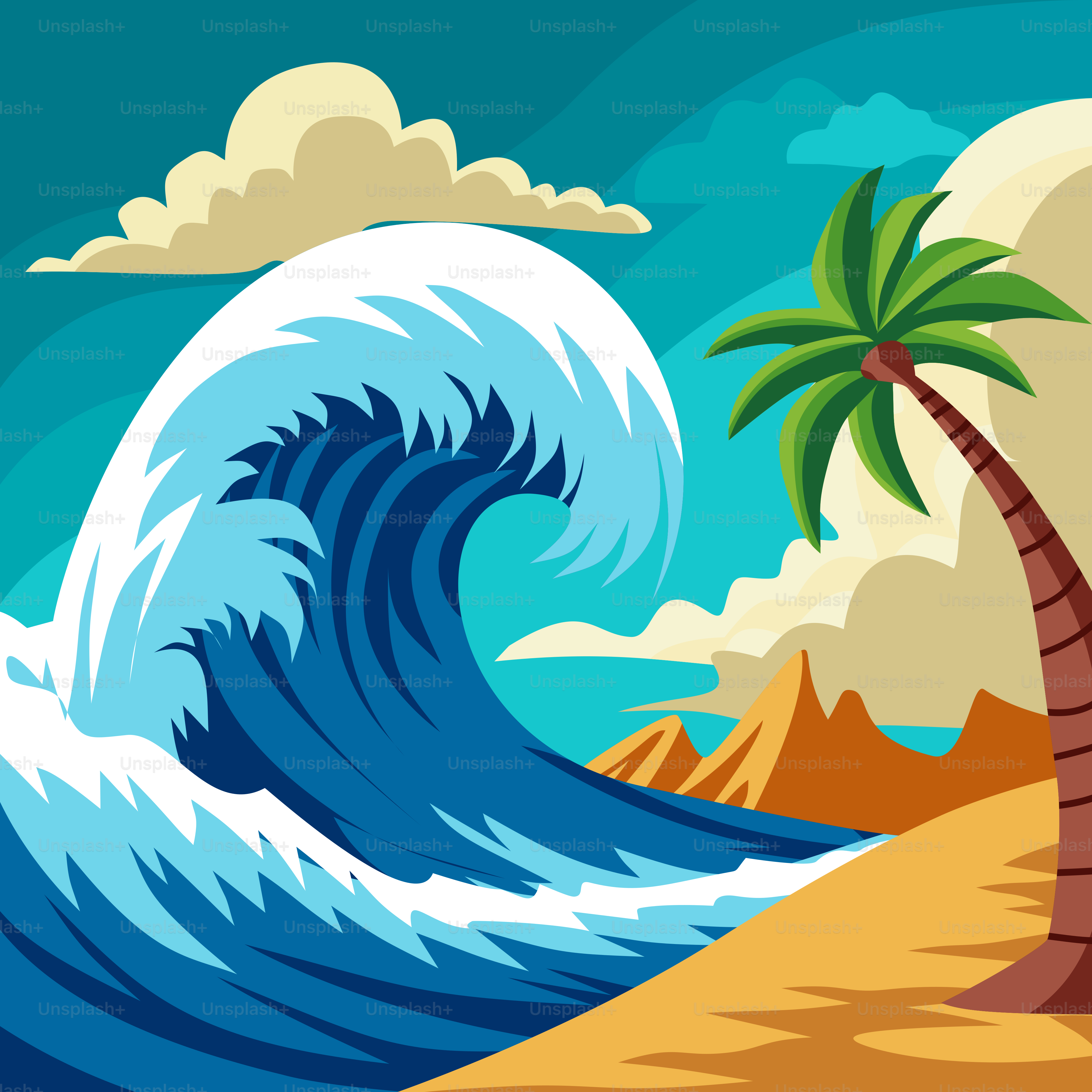 A painting of a palm tree on a beach