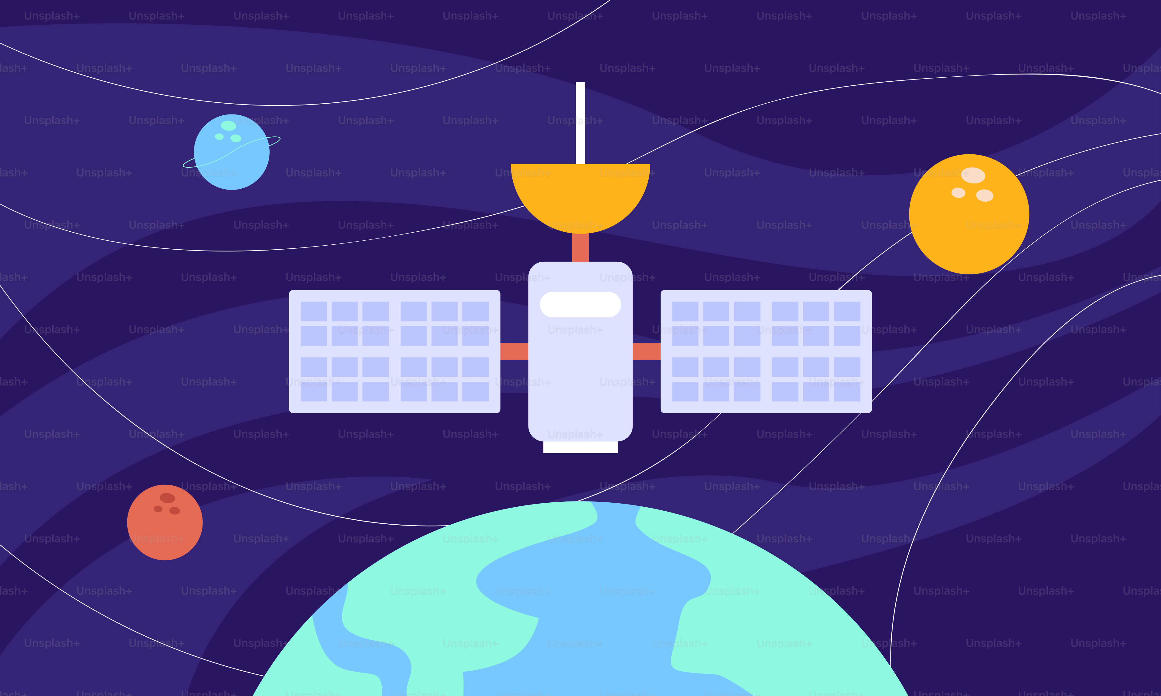 An illustration of a satellite flying over the earth