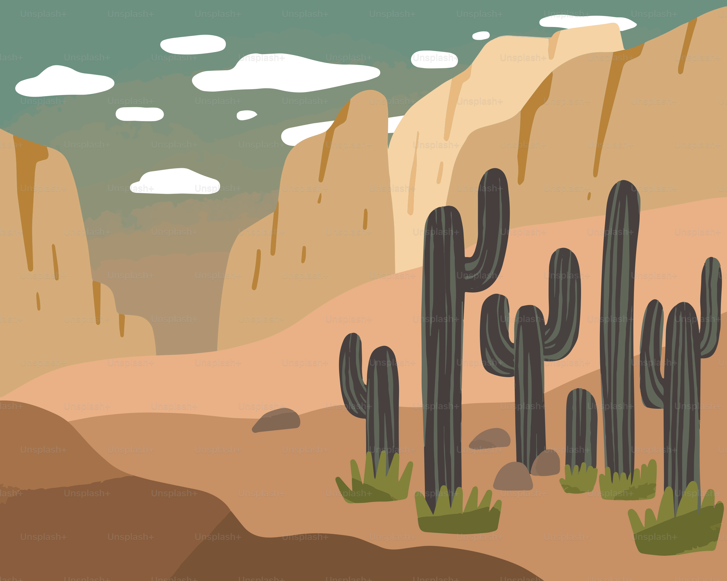 A desert scene with a cactus and mountains in the background
