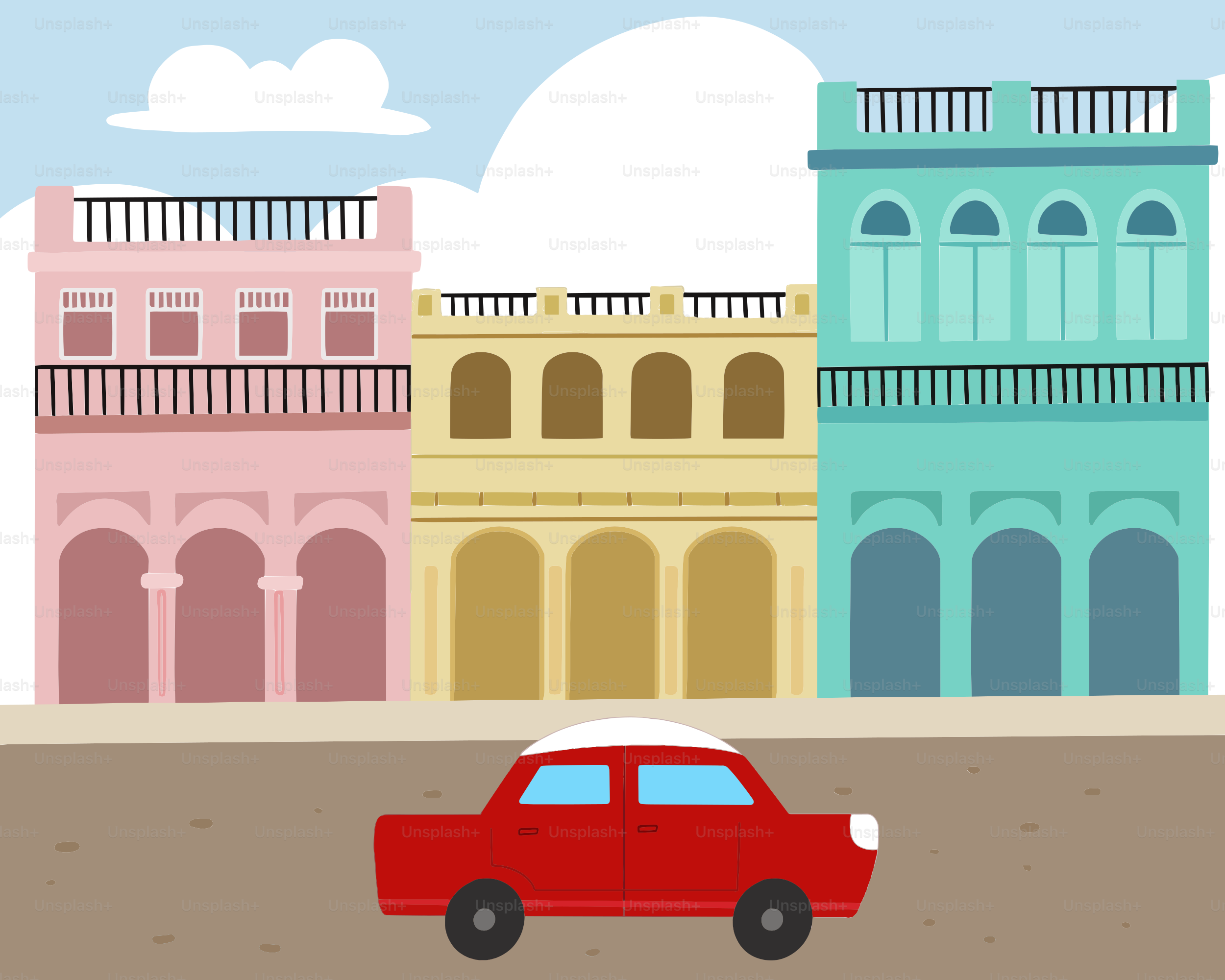 A red car driving down a street next to tall buildings