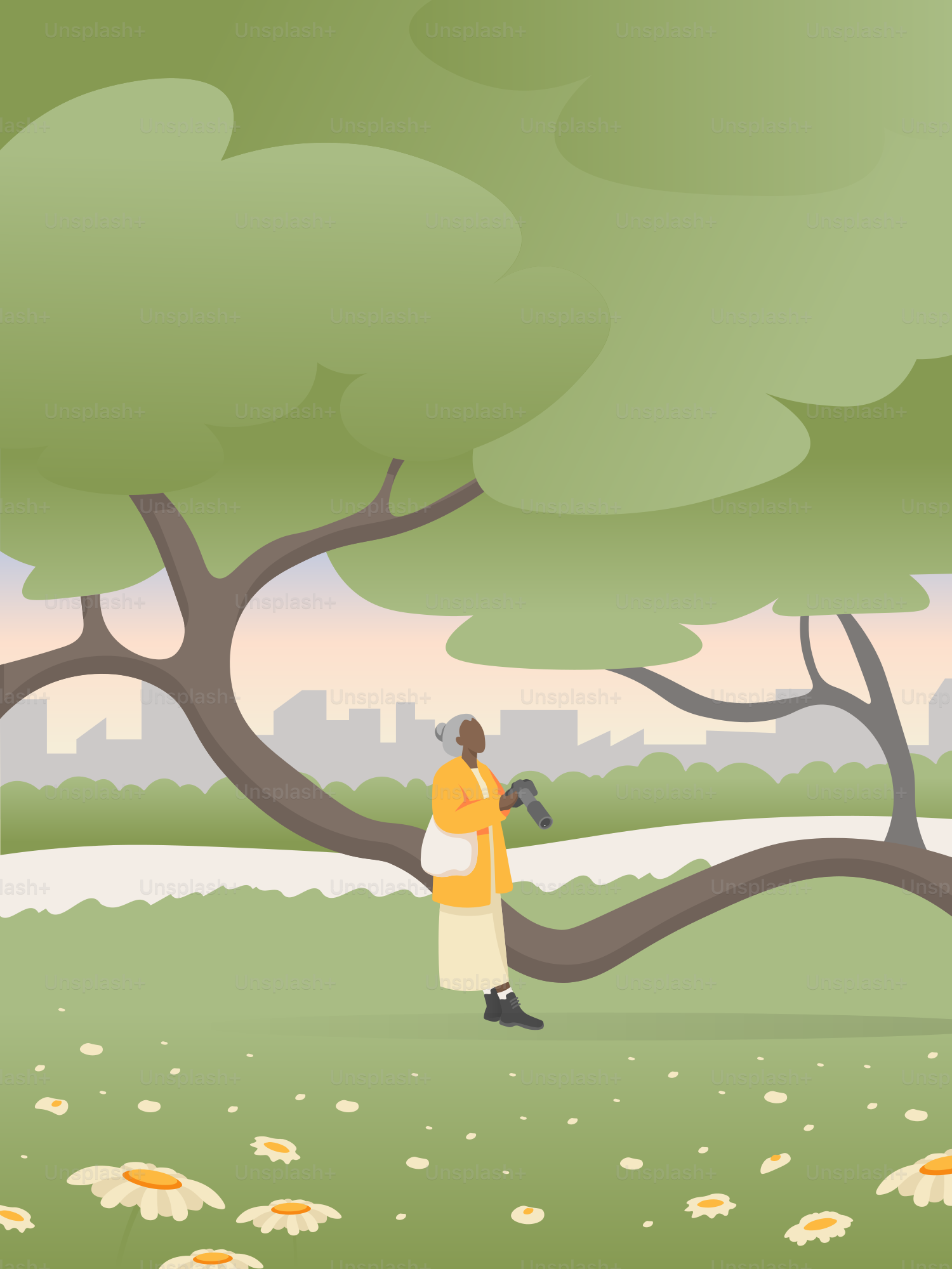 公園の木の下に立つ女性