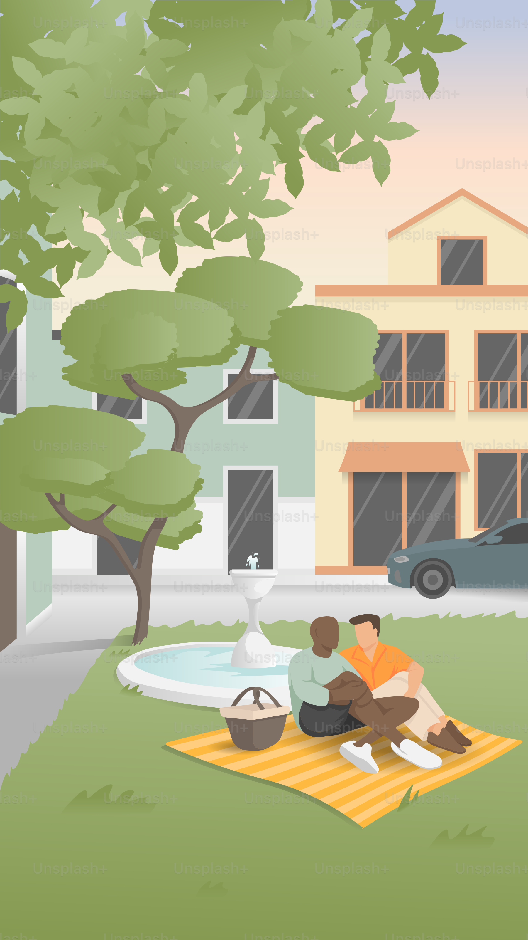 Two people sitting on a blanket in a park