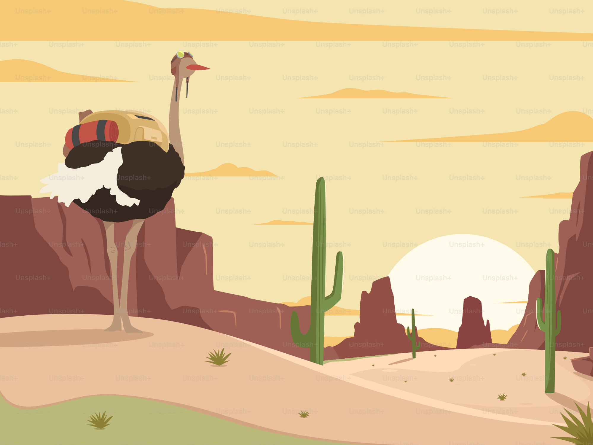 Une autruche avec un sac à dos debout dans le désert