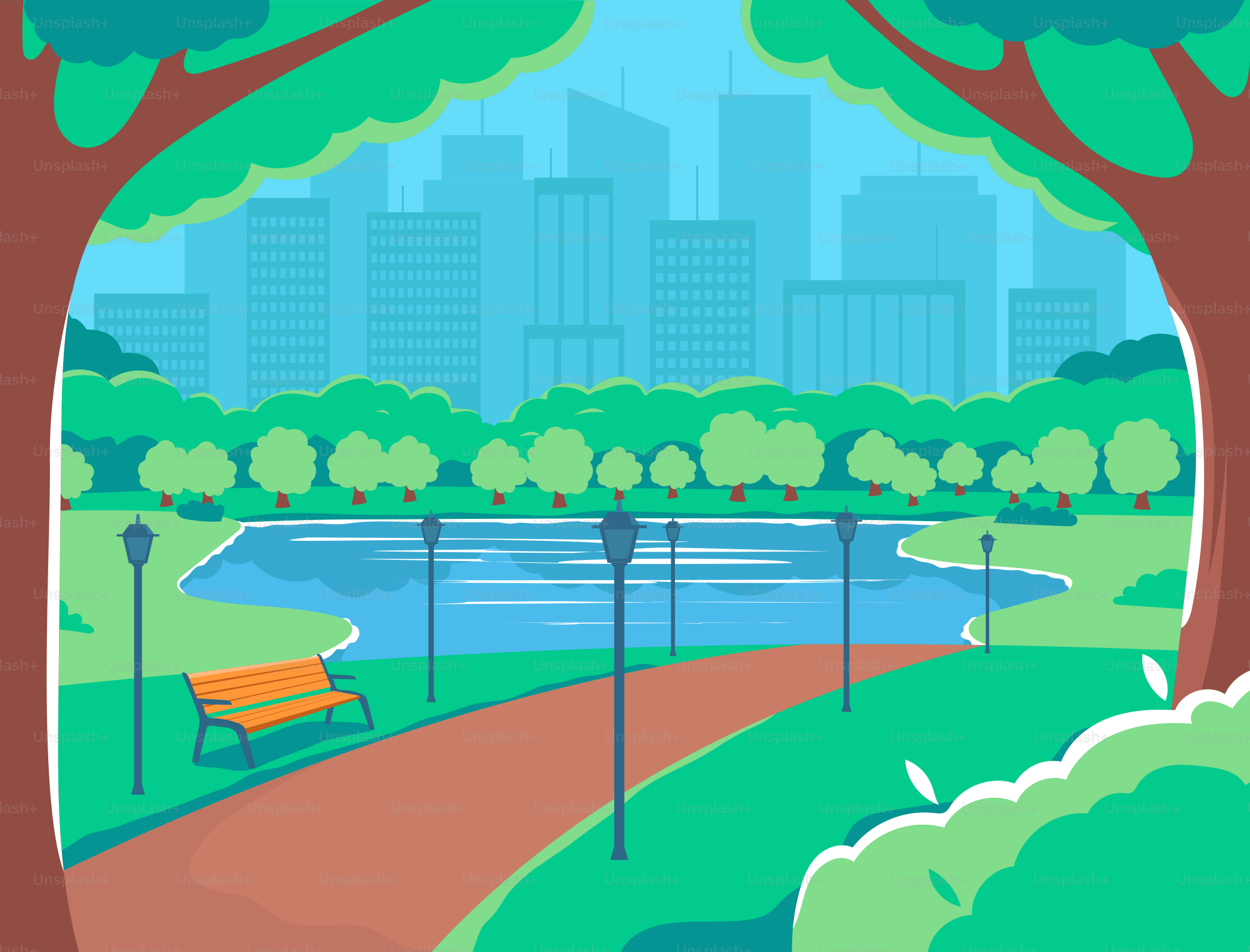 A park scene with a bench and trees