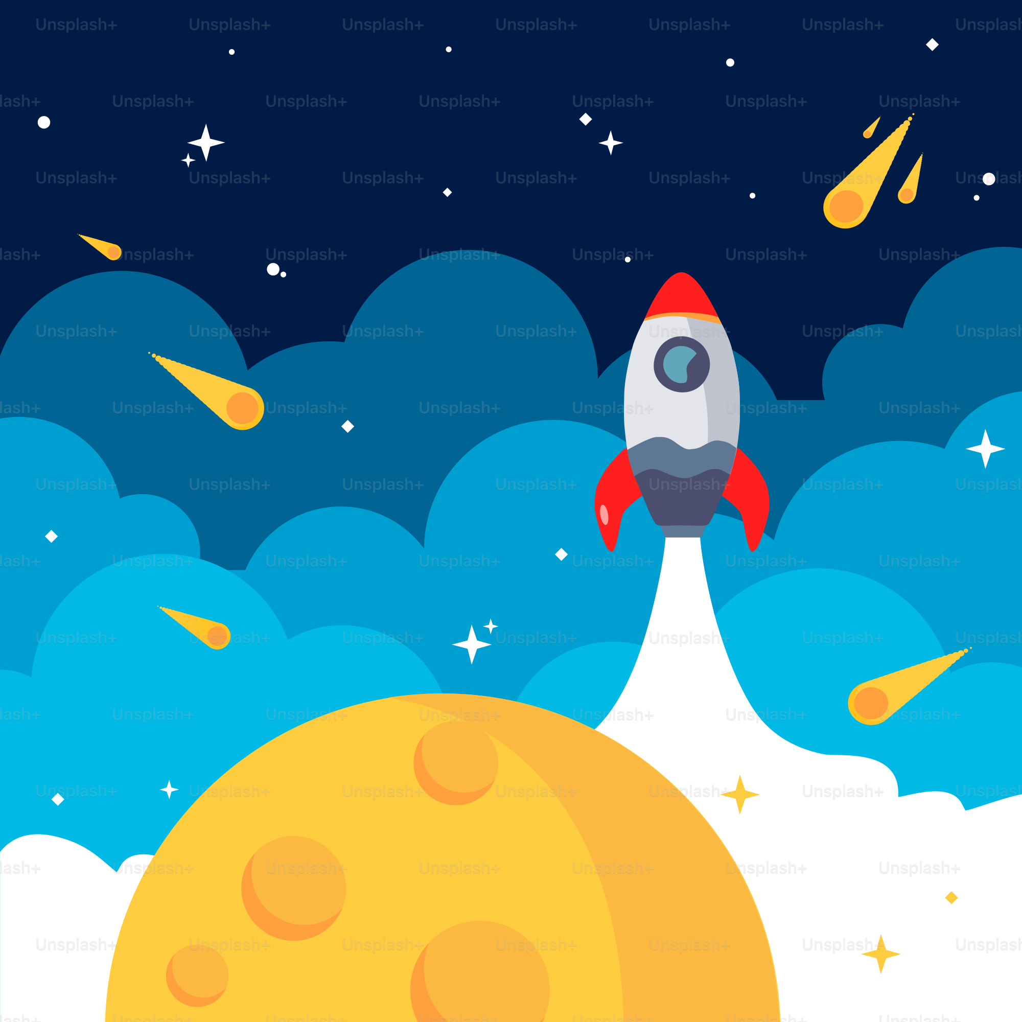 A rocket is flying over the moon in the sky