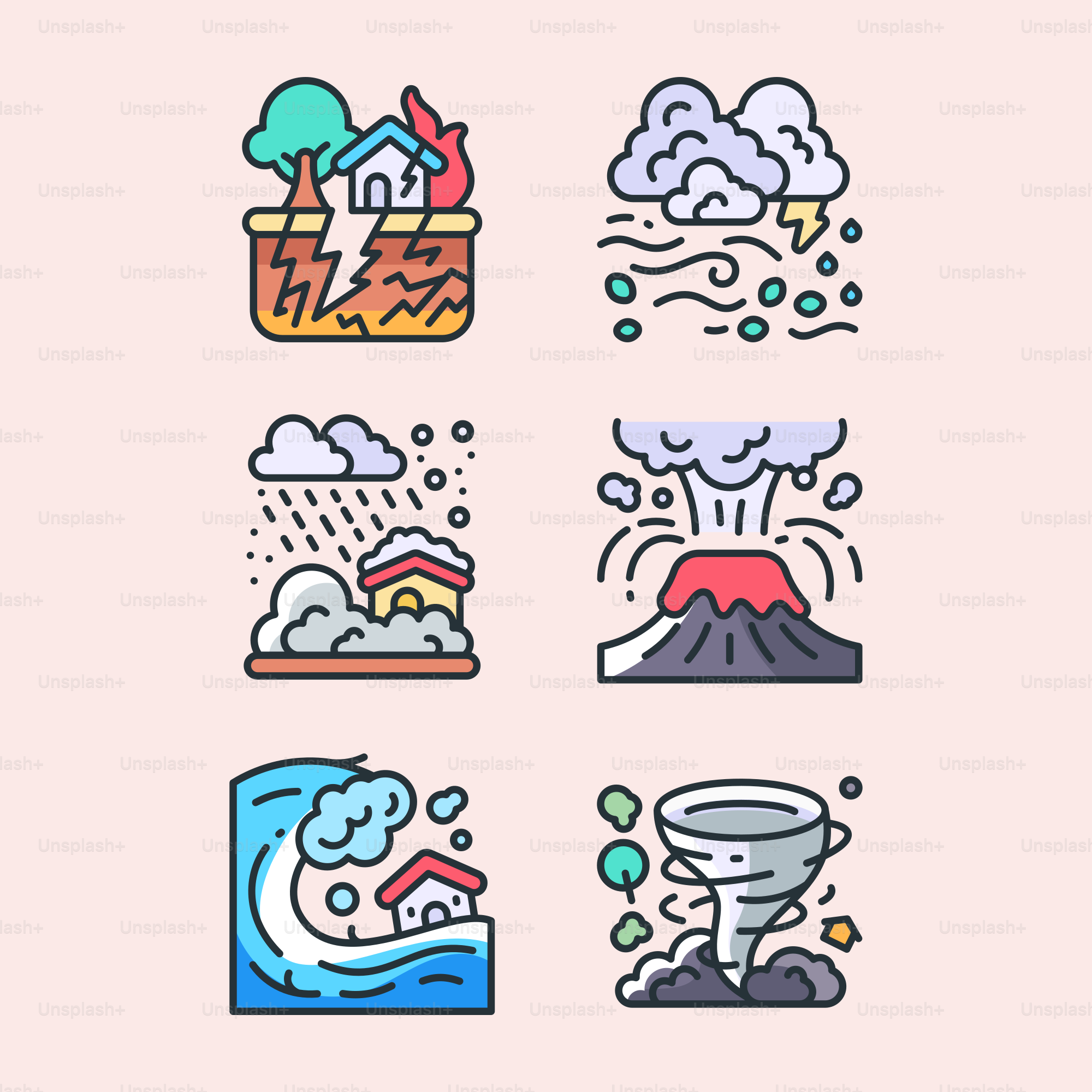 A bunch of different types of icons on a pink background