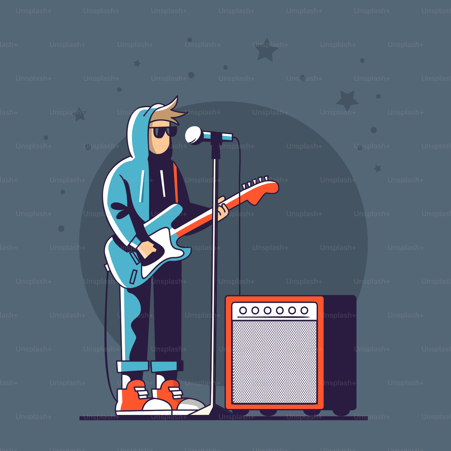 Un hombre tocando la guitarra frente a un micrófono